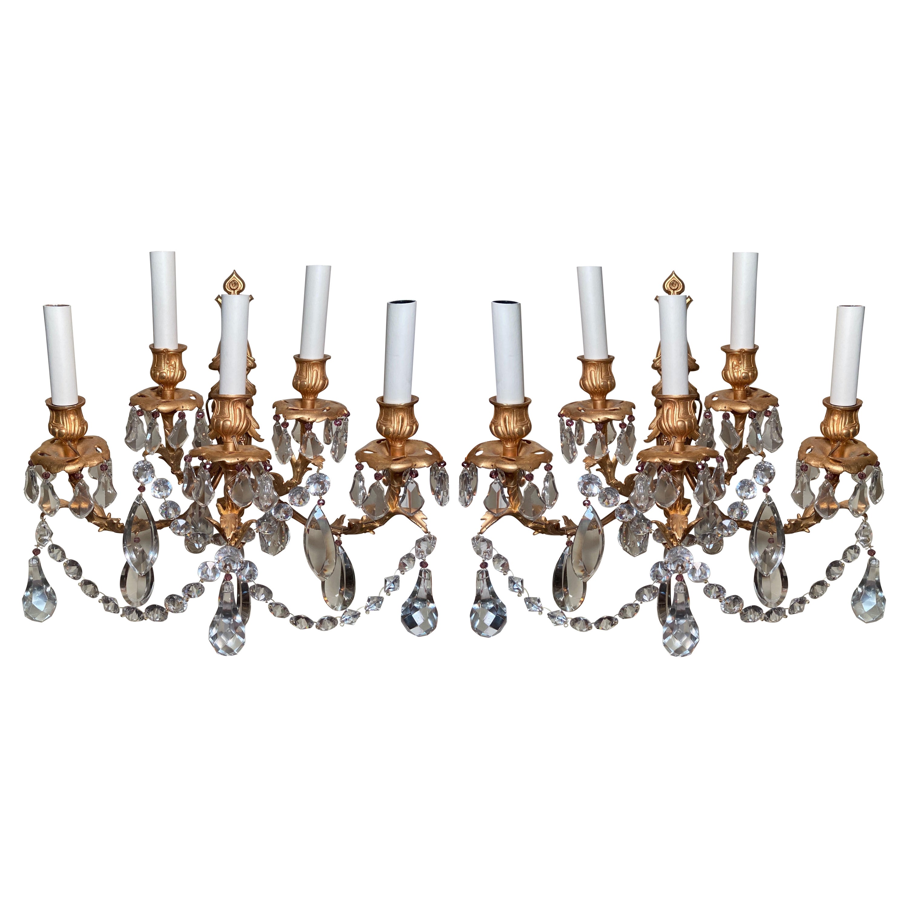 Coppia Antique French Belle Époque Bronze D'ore & Baccarat Crystal Sconceses Ca 1880