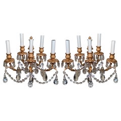 Coppia Antique French Belle Époque Bronze D'ore & Baccarat Crystal Sconceses Ca 1880