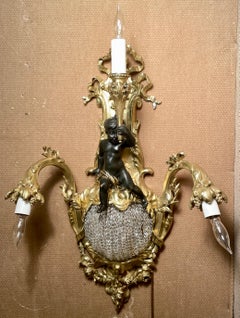 Pair Antique French Belle Époque Gold Bronze & Cut Crystal Sconces, Circa 1870's