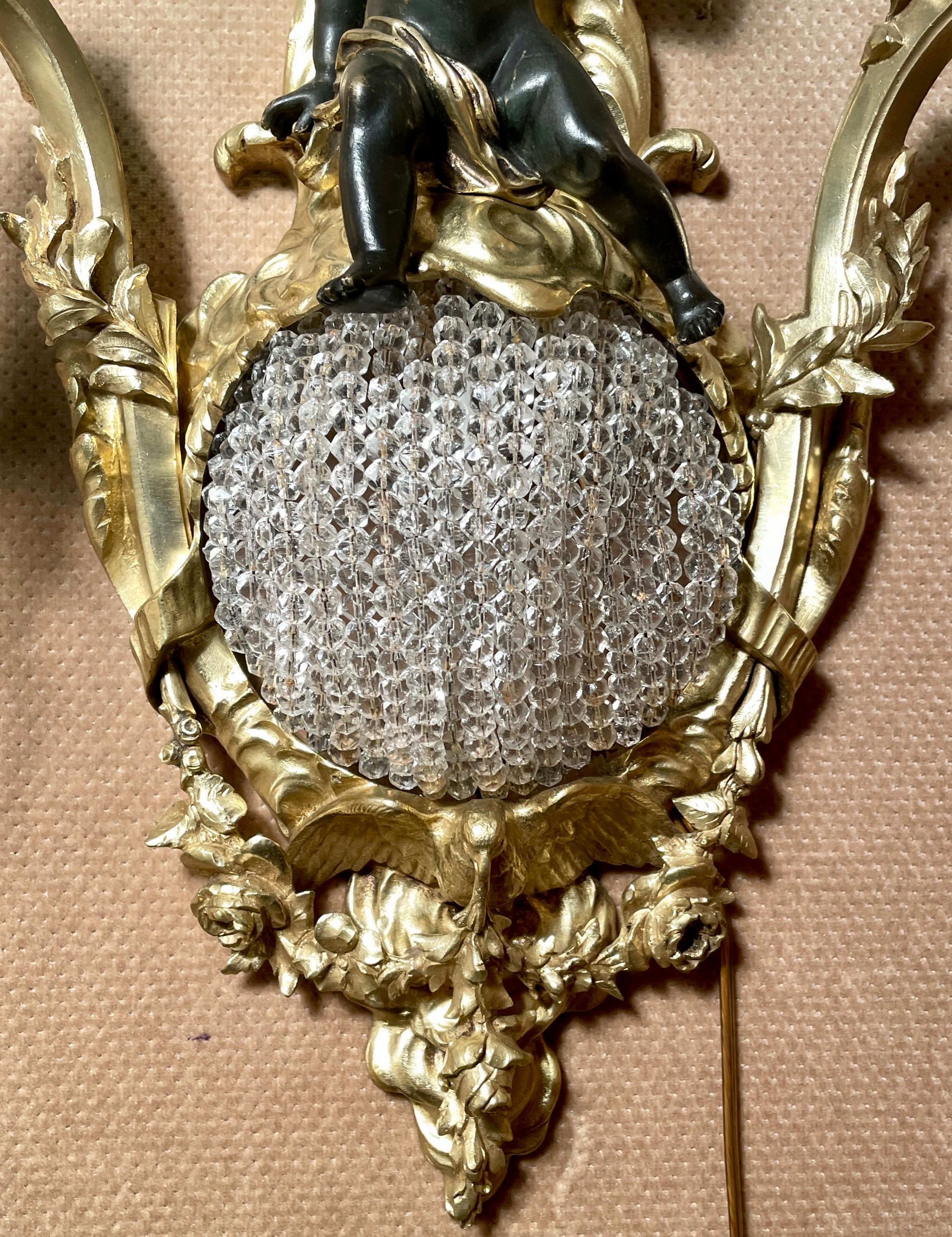 Pair Antique French Belle Époque Gold Bronze & Cut Crystal Sconces, Circa 1870's For Sale 2