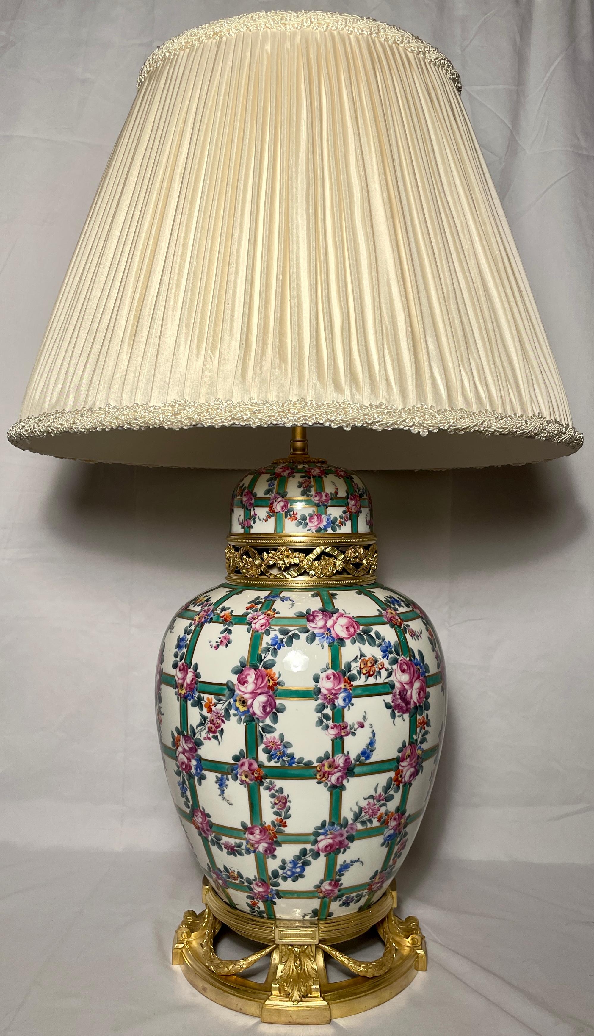 Pair antique French Belle Epoque porcelain and ormolu lamps, circa 1880.