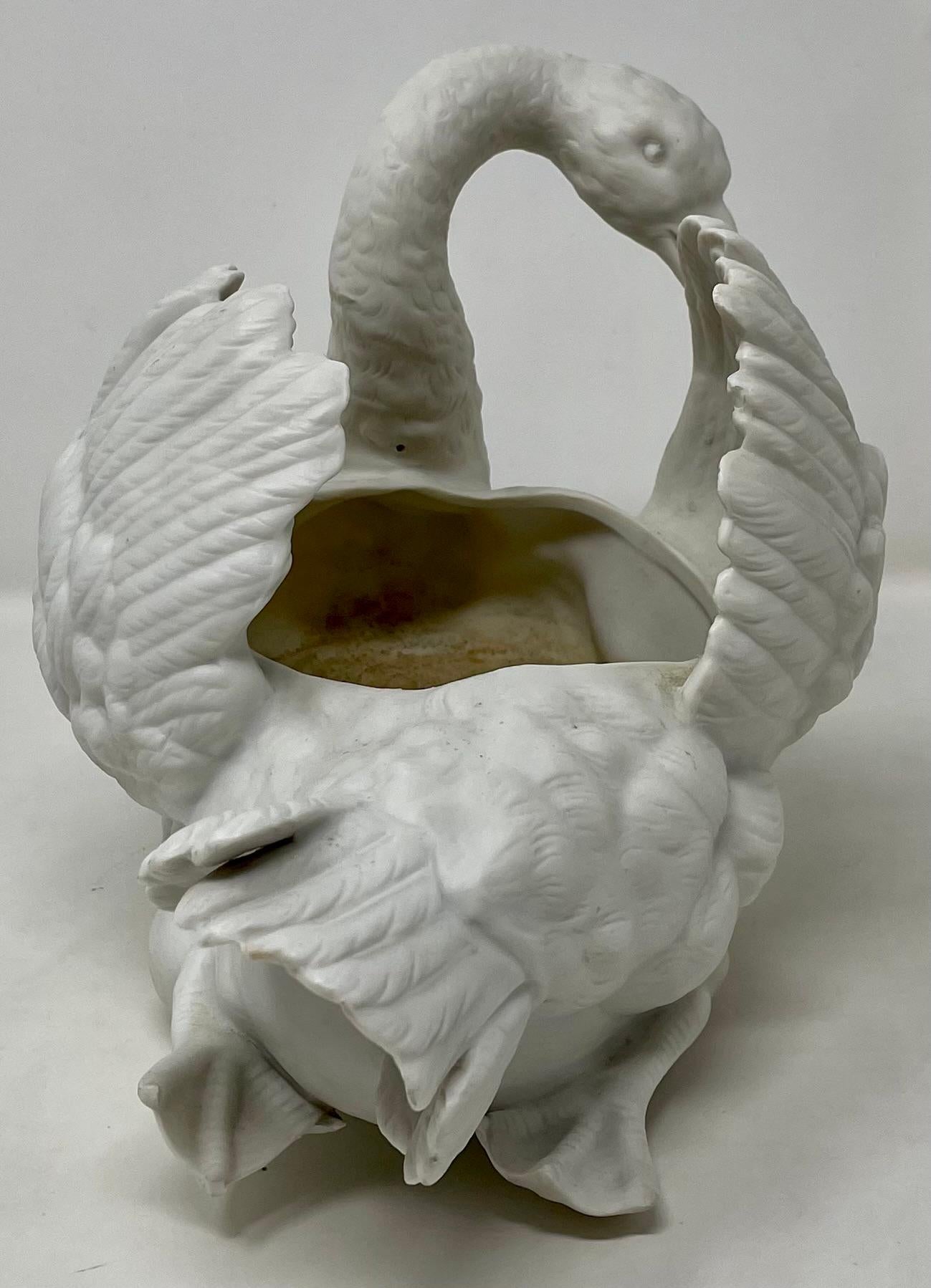 Pair Antique French Bisque Porcelain Swan Jardinieres In Good Condition For Sale In New Orleans, LA