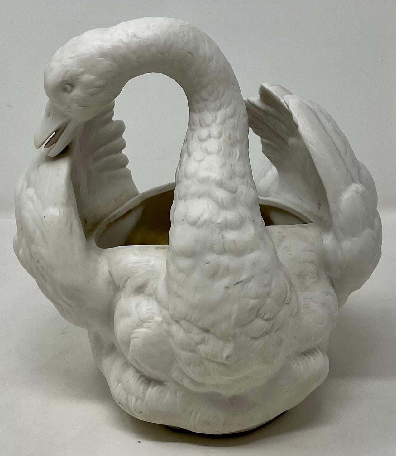 Pair Antique French Bisque Porcelain Swan Jardinieres For Sale 1