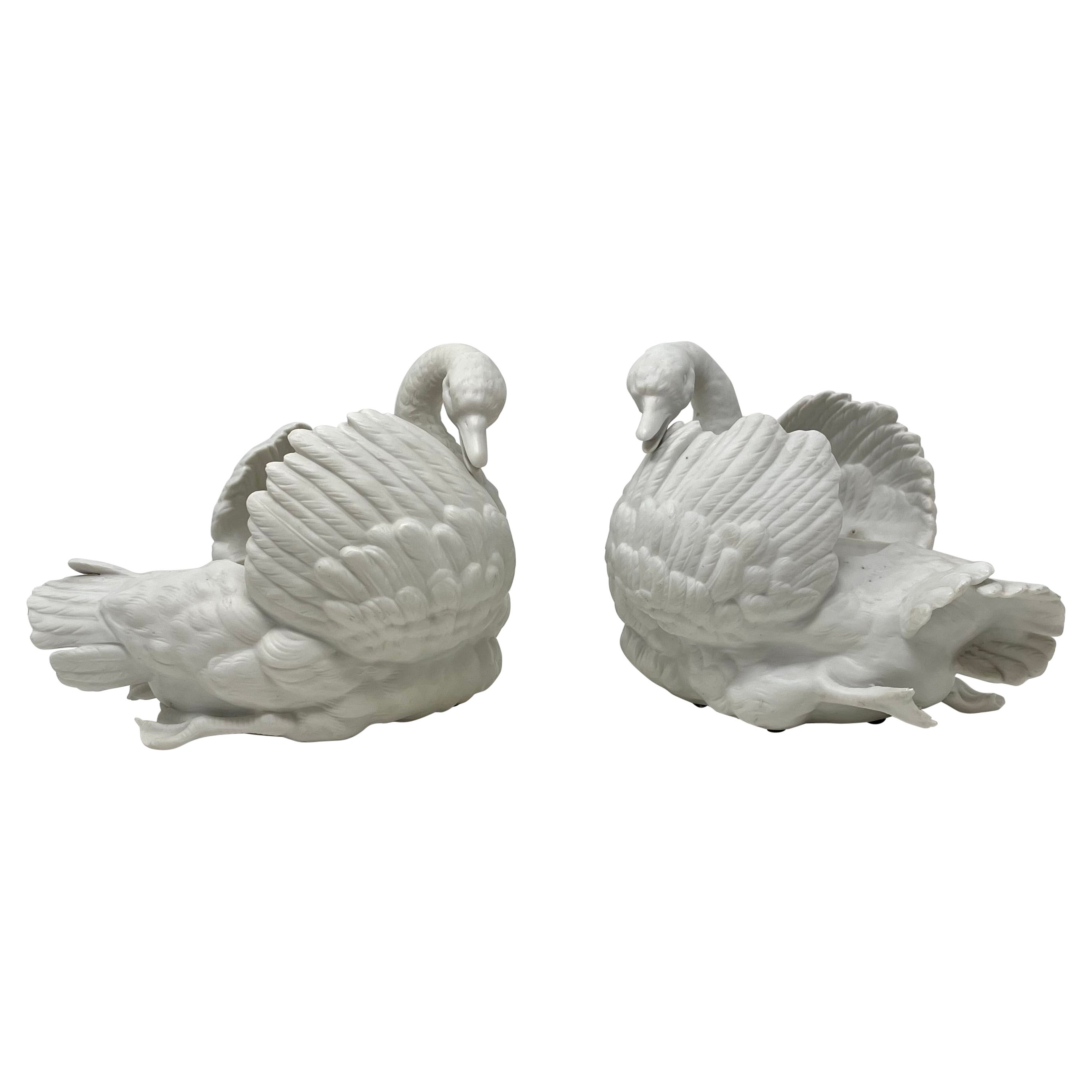 Paire de jardinières françaises anciennes en porcelaine biscuit avec cygne