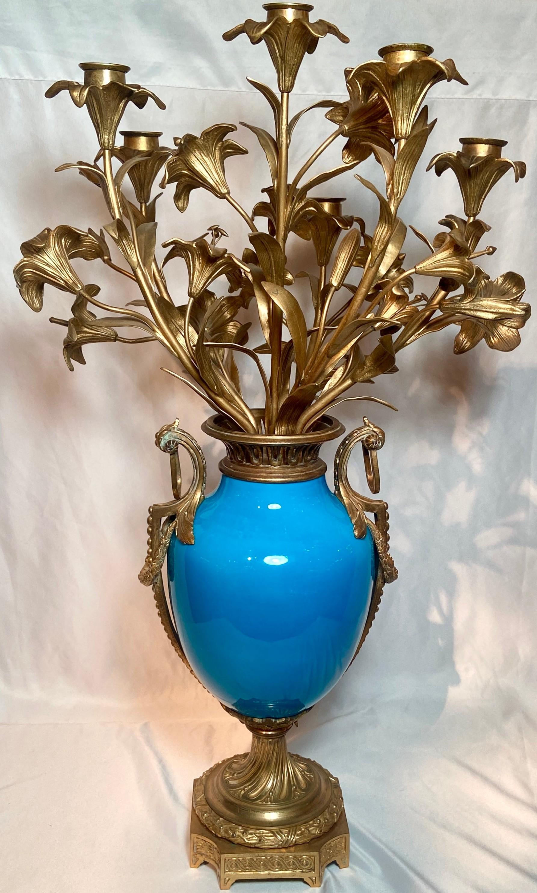 Pair antique French blue Sèvres Porcelain Ormolu candle holder, Circa 1870-1880.