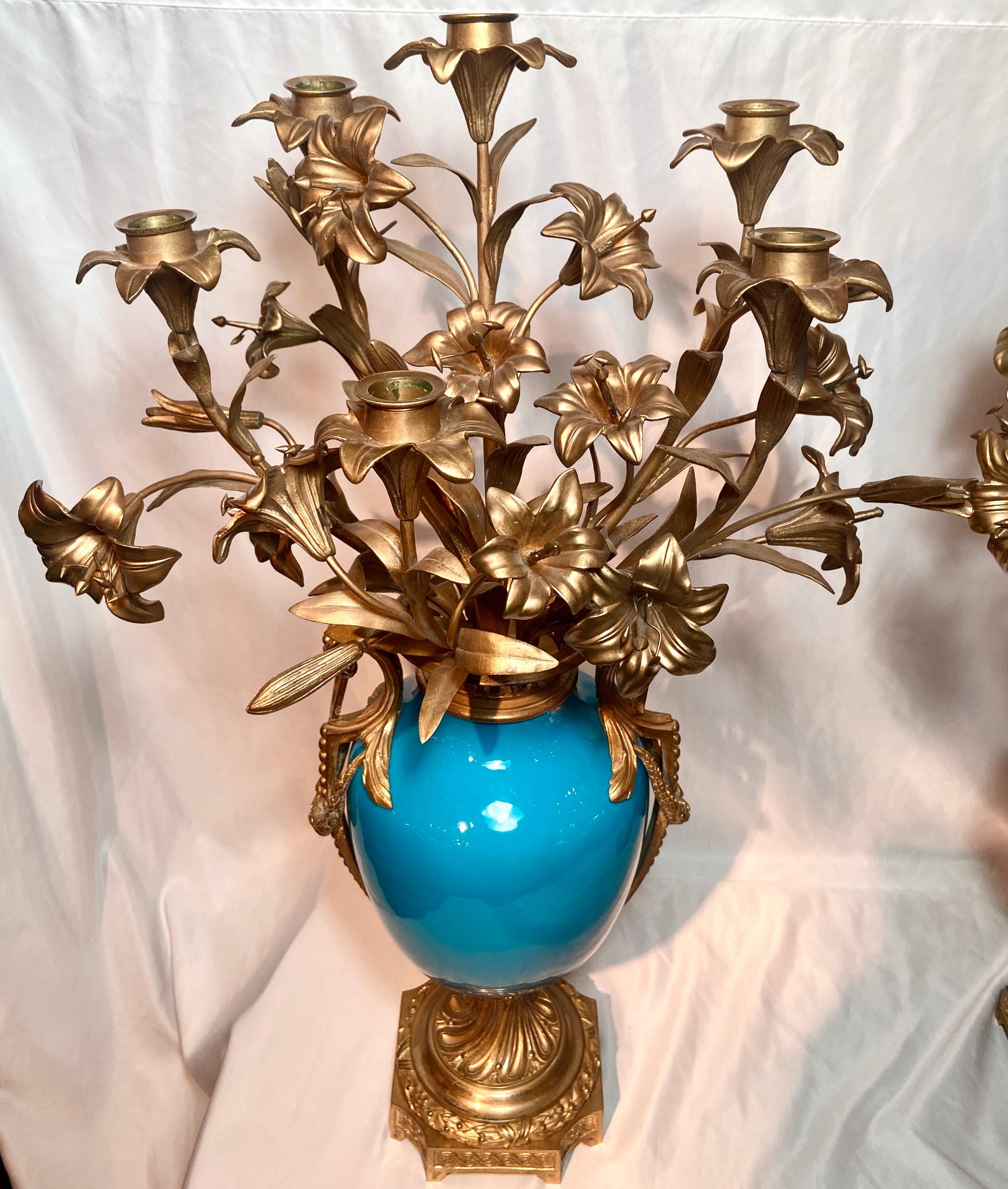 Pair Antique French Blue Sèvres Porcelain Ormolu Candelabra, Circa 1870-1880 In Good Condition For Sale In New Orleans, LA