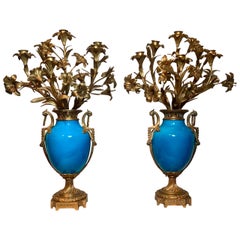 Pair Antique French Blue Sèvres Porcelain Ormolu Candelabra, Circa 1870-1880