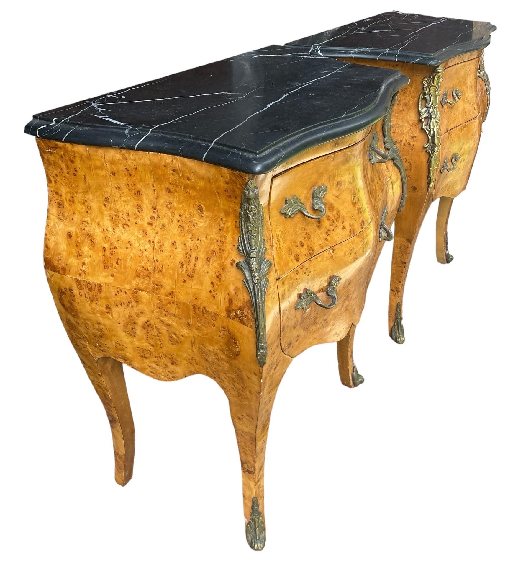 Unknown Pair Antique French Bombe Commodes Chests Burlwood with Slate Marbled Tops