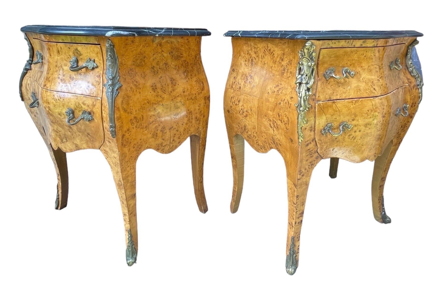 Pair Antique French Bombe Commodes Chests Burlwood with Slate Marbled Tops In Good Condition In Rochester, NY