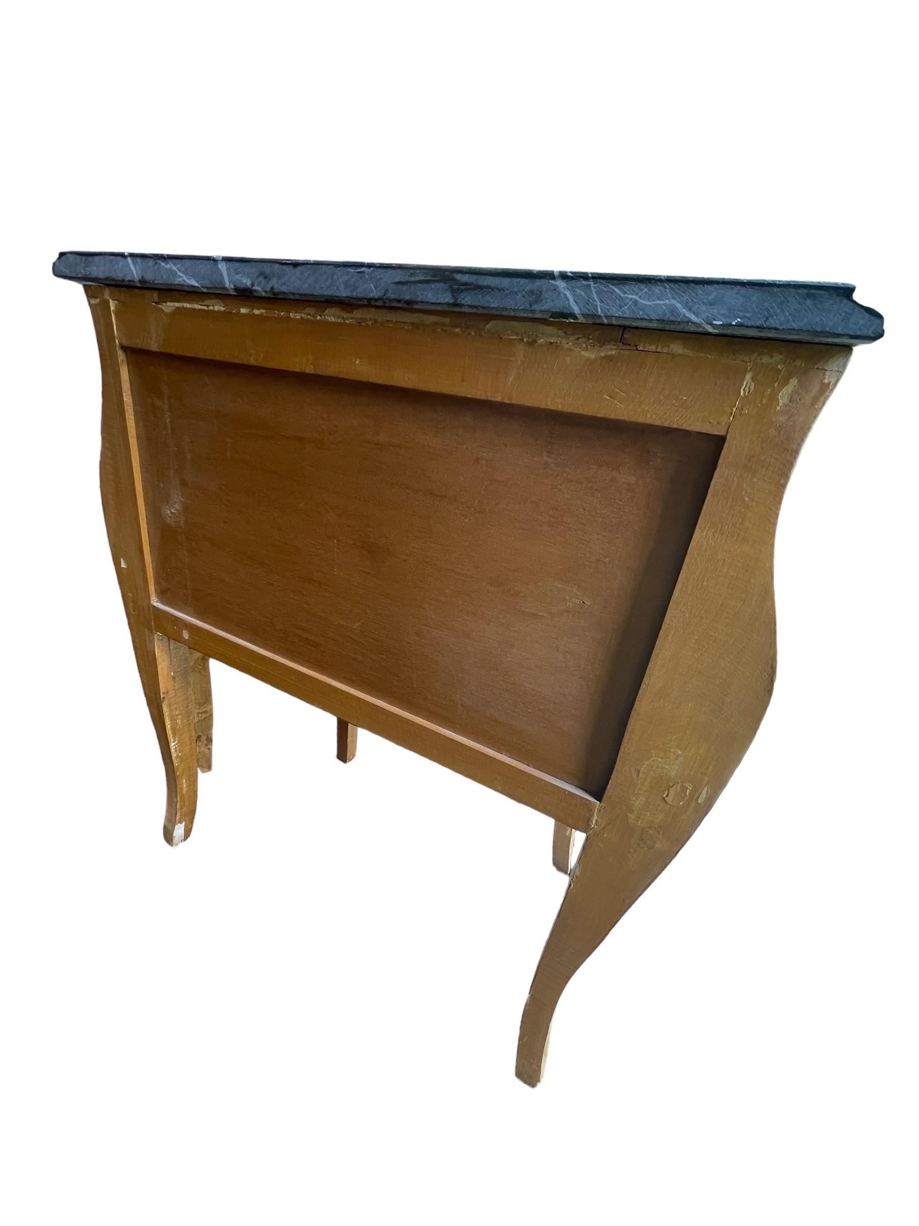 Brass Pair Antique French Bombe Commodes Chests Burlwood with Slate Marbled Tops