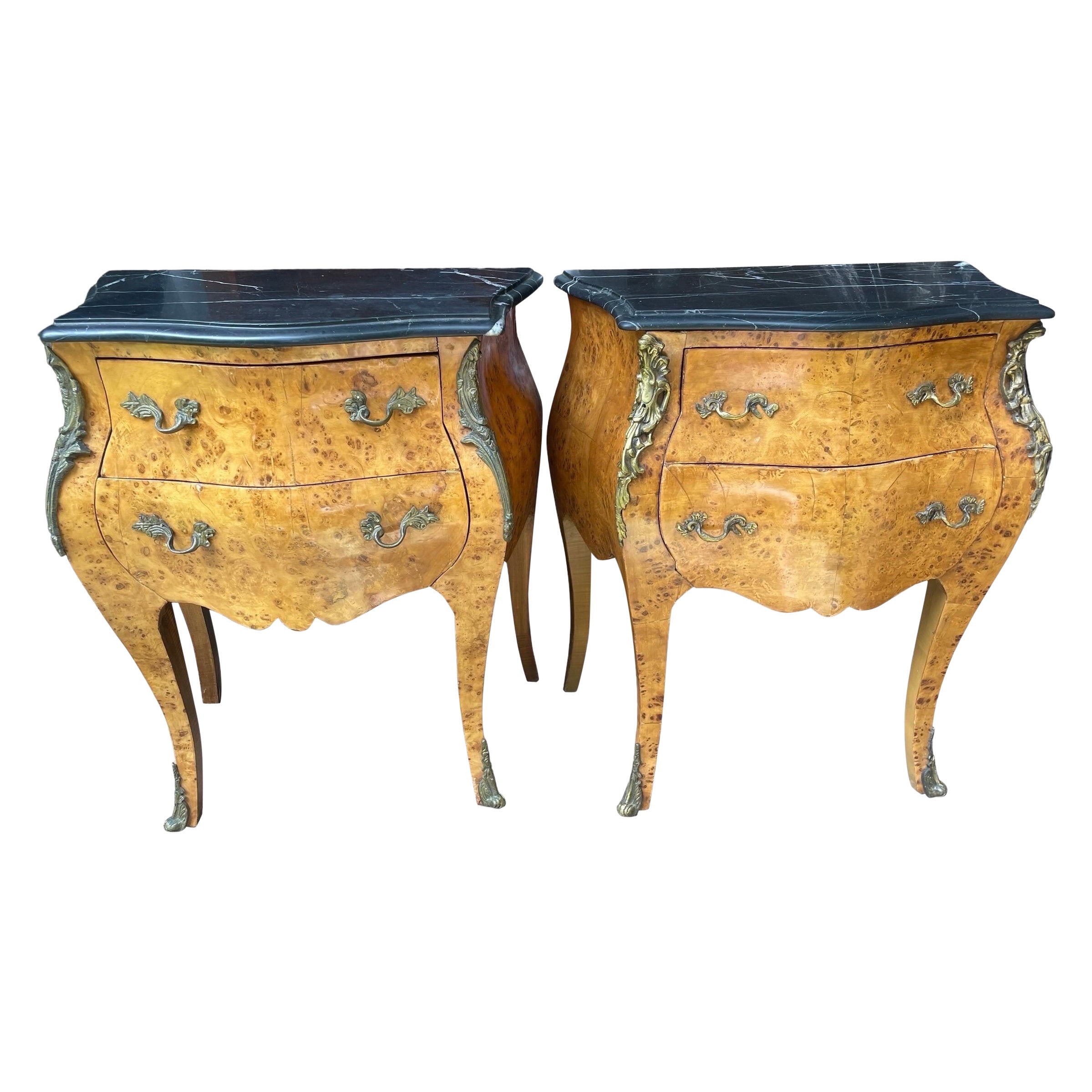Pair Antique French Bombe Commodes Chests Burlwood with Slate Marbled Tops