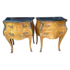 Pair Antique French Bombe Commodes Chests Burlwood with Slate Marbled Tops