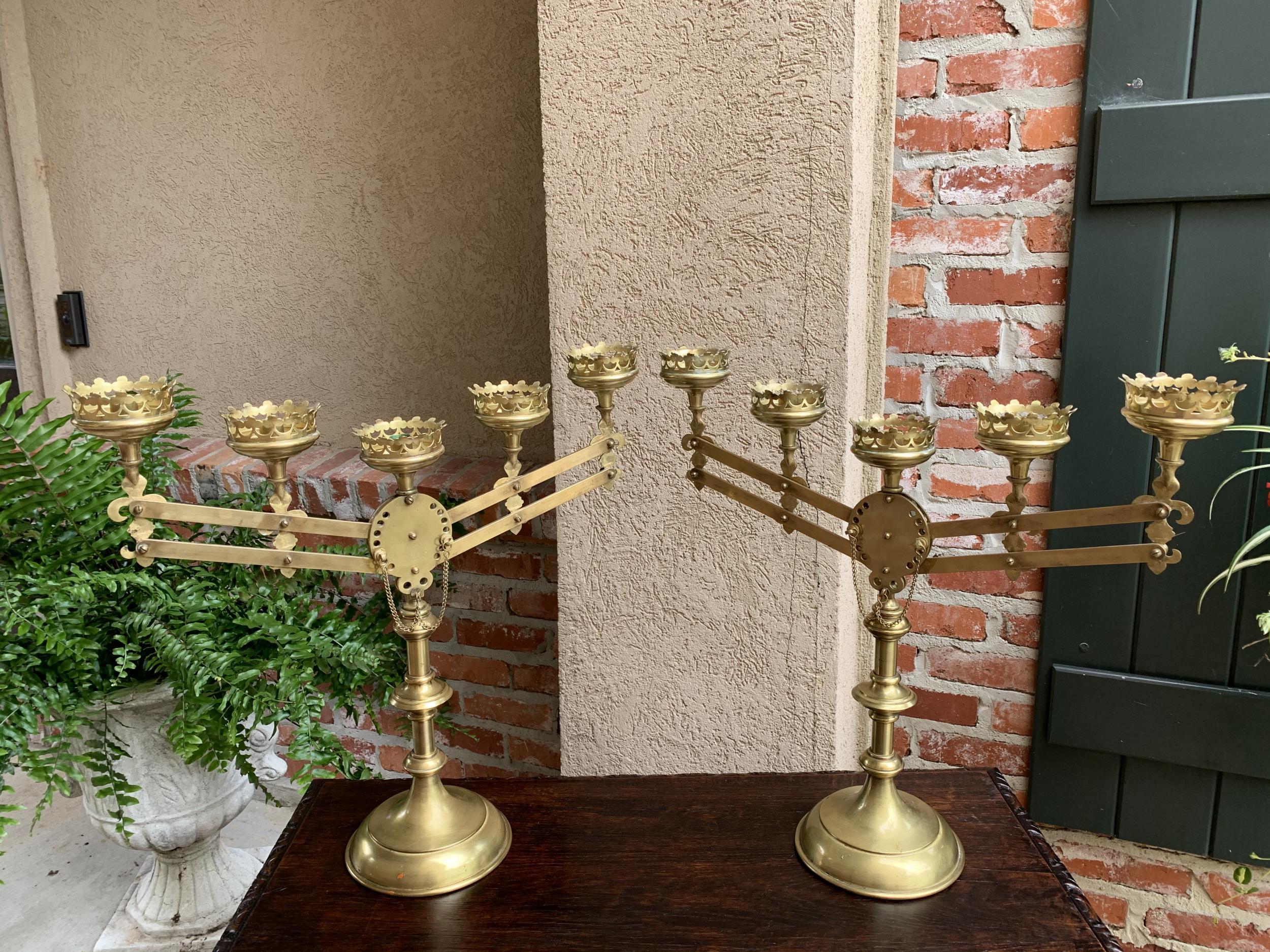 Pair Antique French Brass Altar Candelabra Adjustable Fleur de Lis Candlestick 2