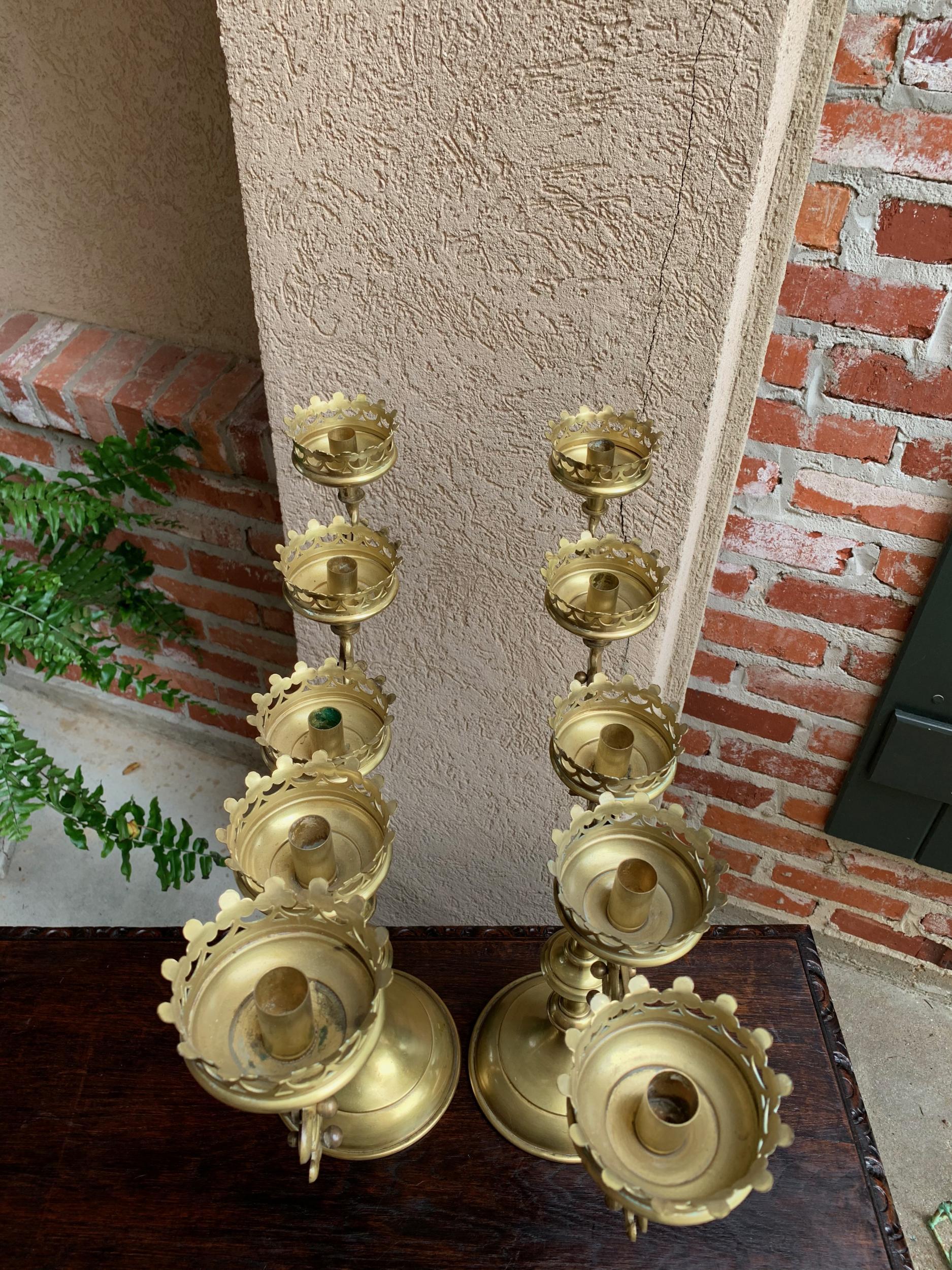 Pair Antique French Brass Altar Candelabra Adjustable Fleur de Lis Candlestick 3