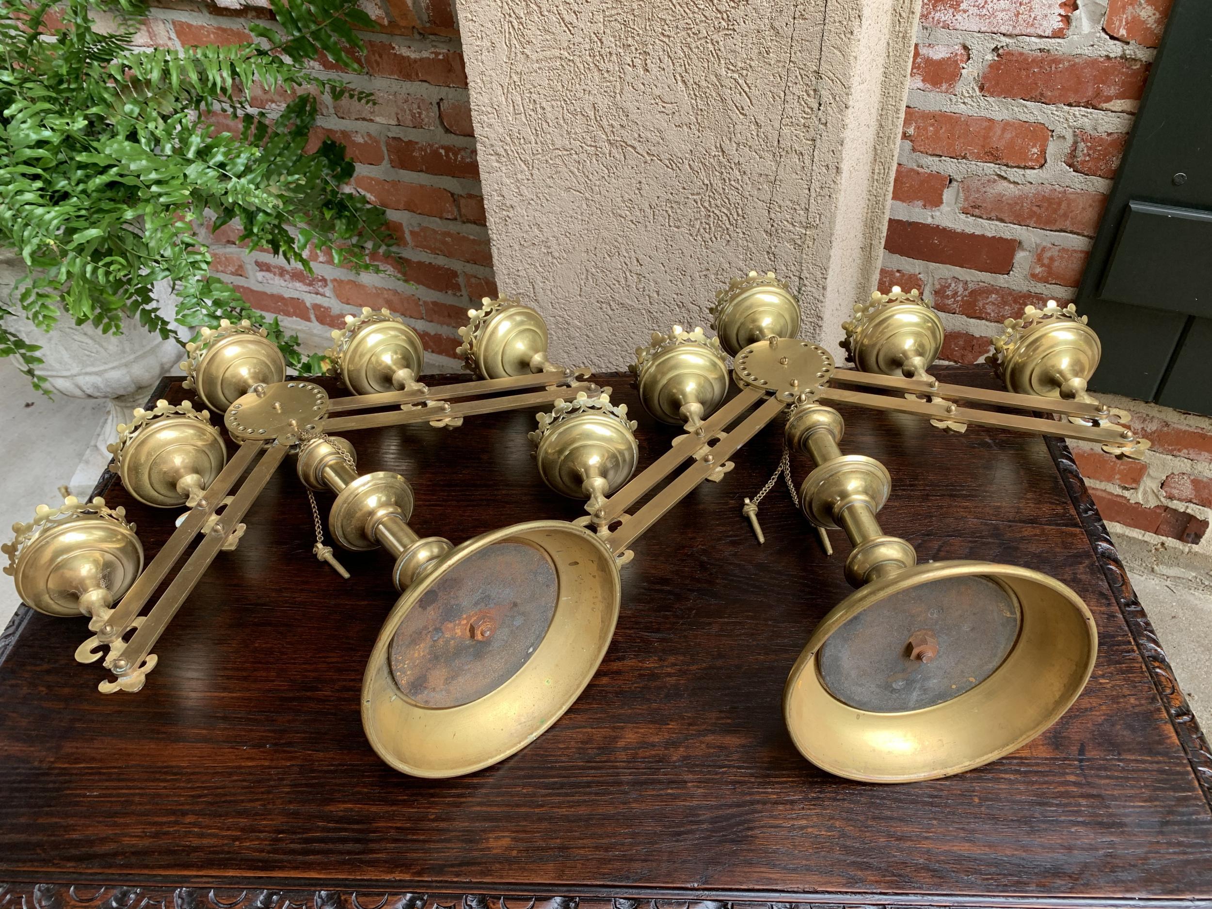 Pair Antique French Brass Altar Candelabra Adjustable Fleur de Lis Candlestick 4