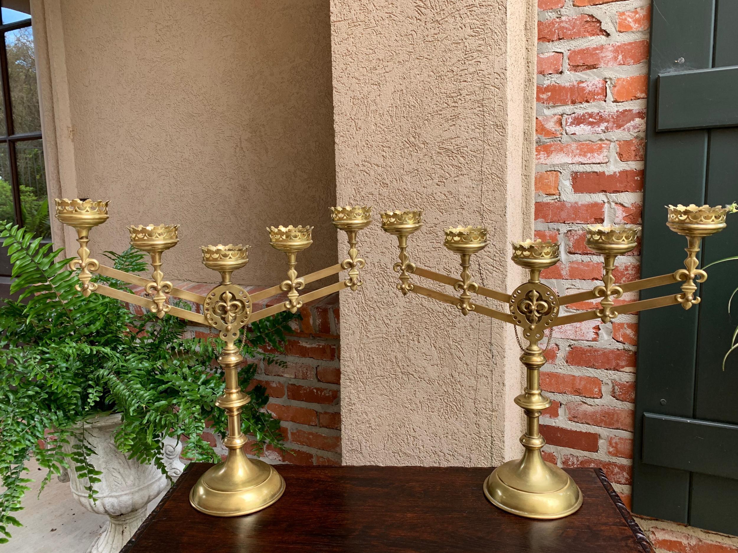 Pair Antique French Brass Altar Candelabra Adjustable Fleur de Lis Candlestick 5