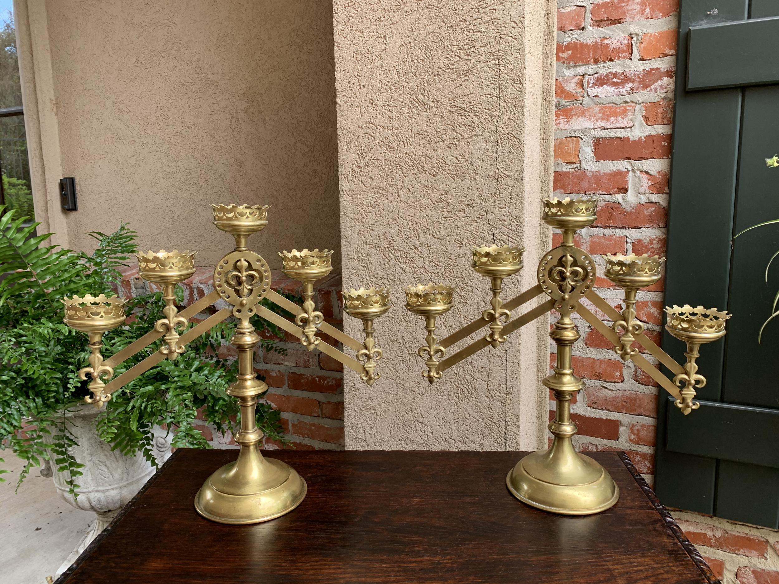Pair Antique French Brass Altar Candelabra Adjustable Fleur de Lis Candlestick 6