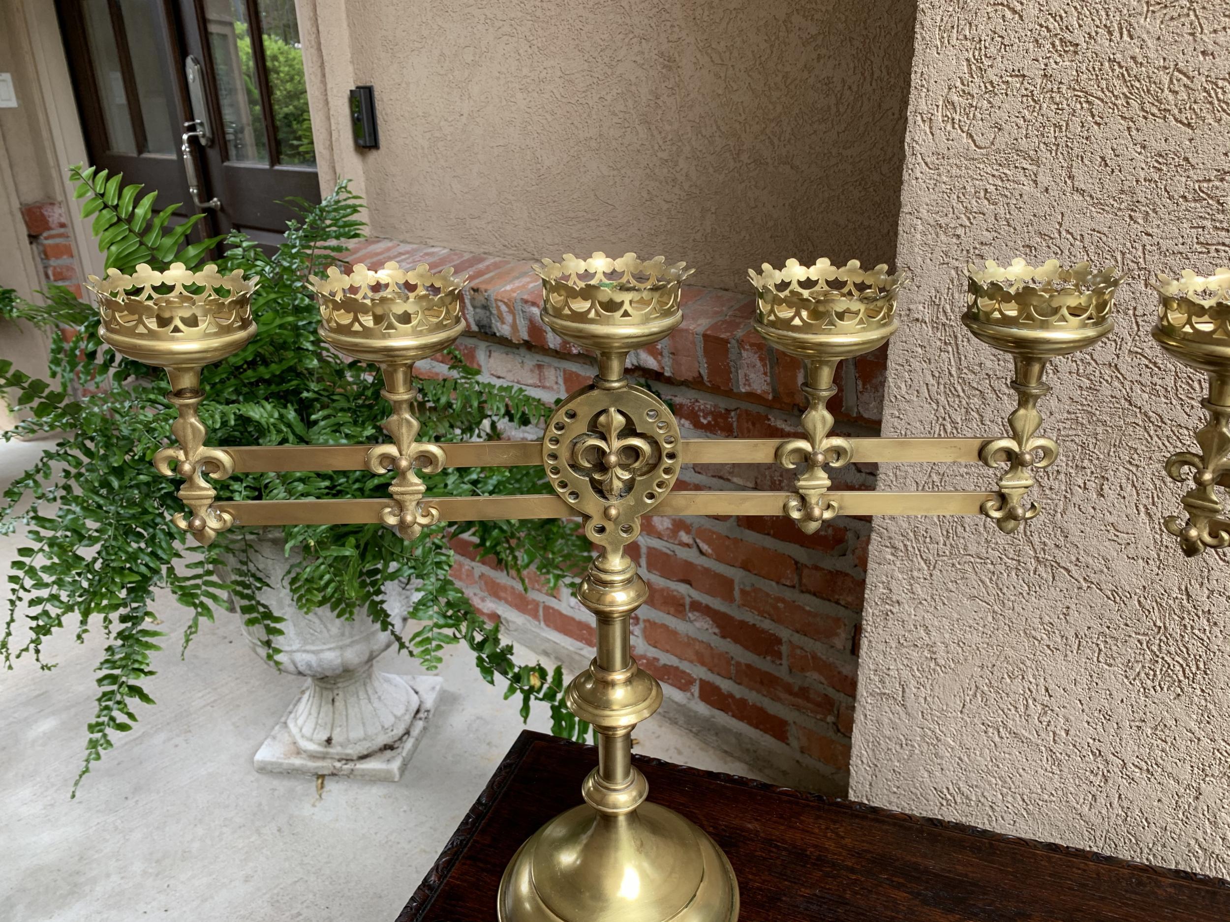 Pair Antique French Brass Altar Candelabra Adjustable Fleur de Lis Candlestick 7
