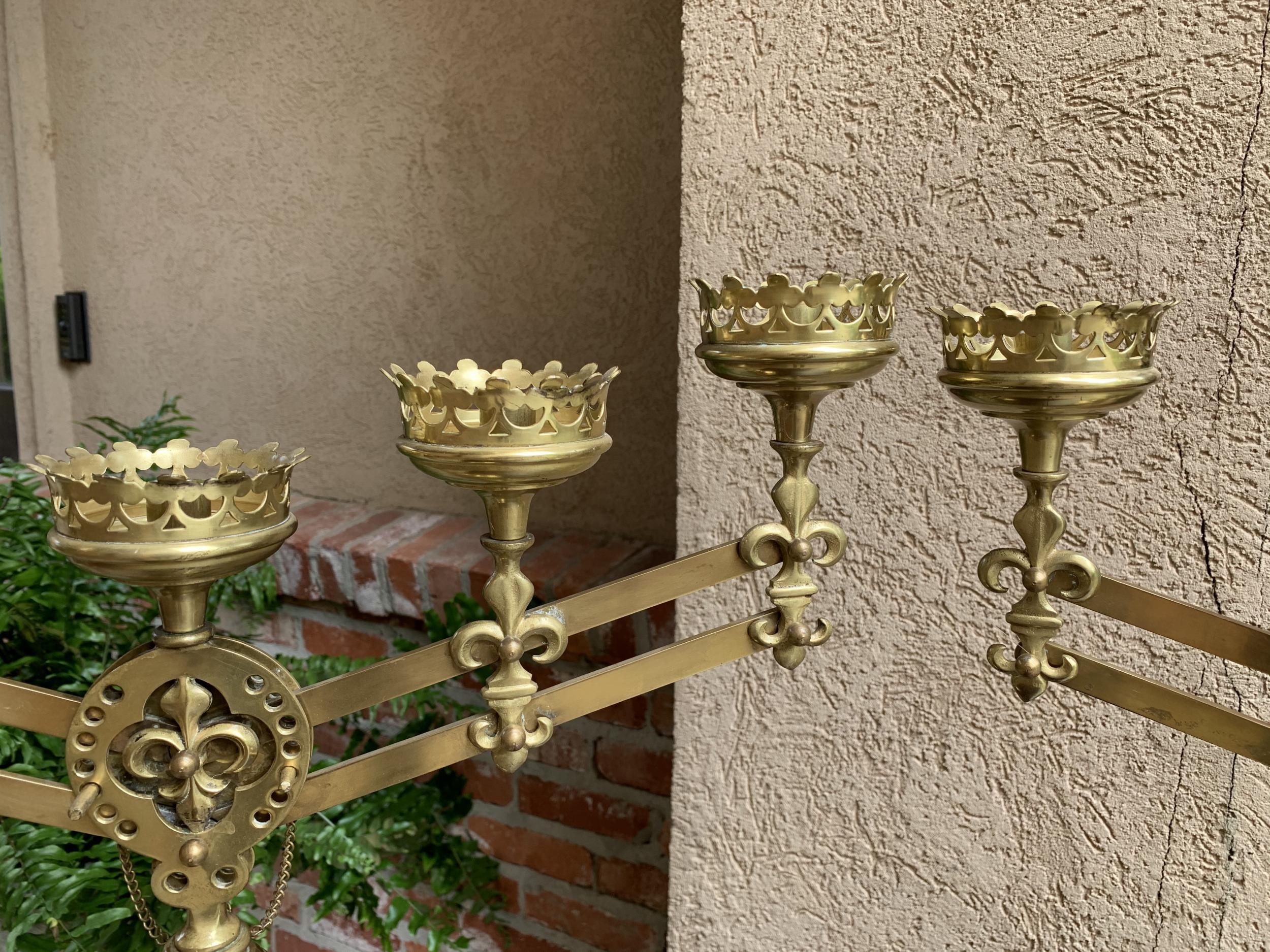 Pair Antique French Brass Altar Candelabra Adjustable Fleur de Lis Candlestick 9