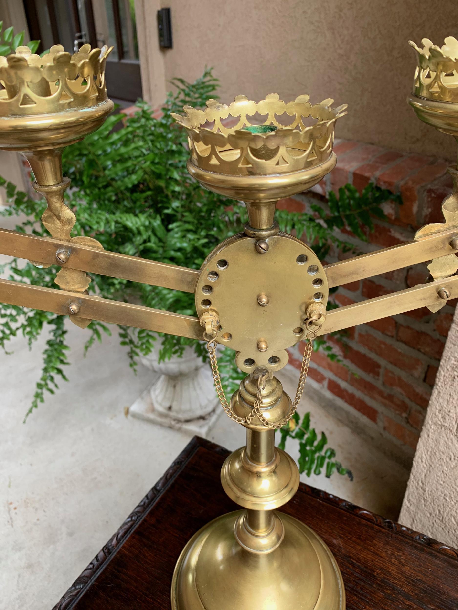 Pair Antique French Brass Altar Candelabra Adjustable Fleur de Lis Candlestick 10