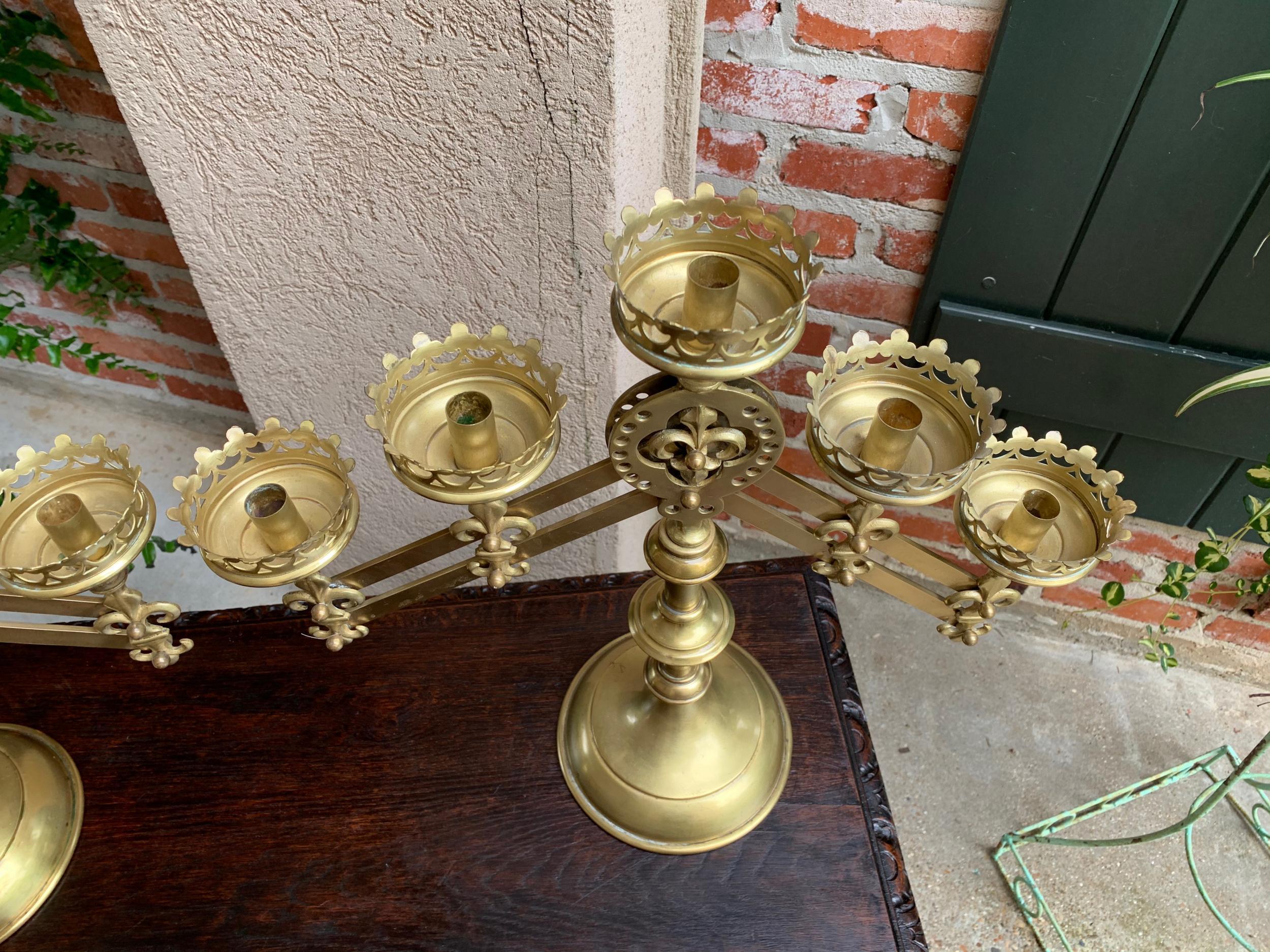 Pair Antique French Brass Altar Candelabra Adjustable Fleur de Lis Candlestick 11