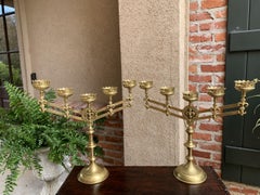 Pair Antique French Brass Altar Candelabra Adjustable Fleur de Lis Candlestick