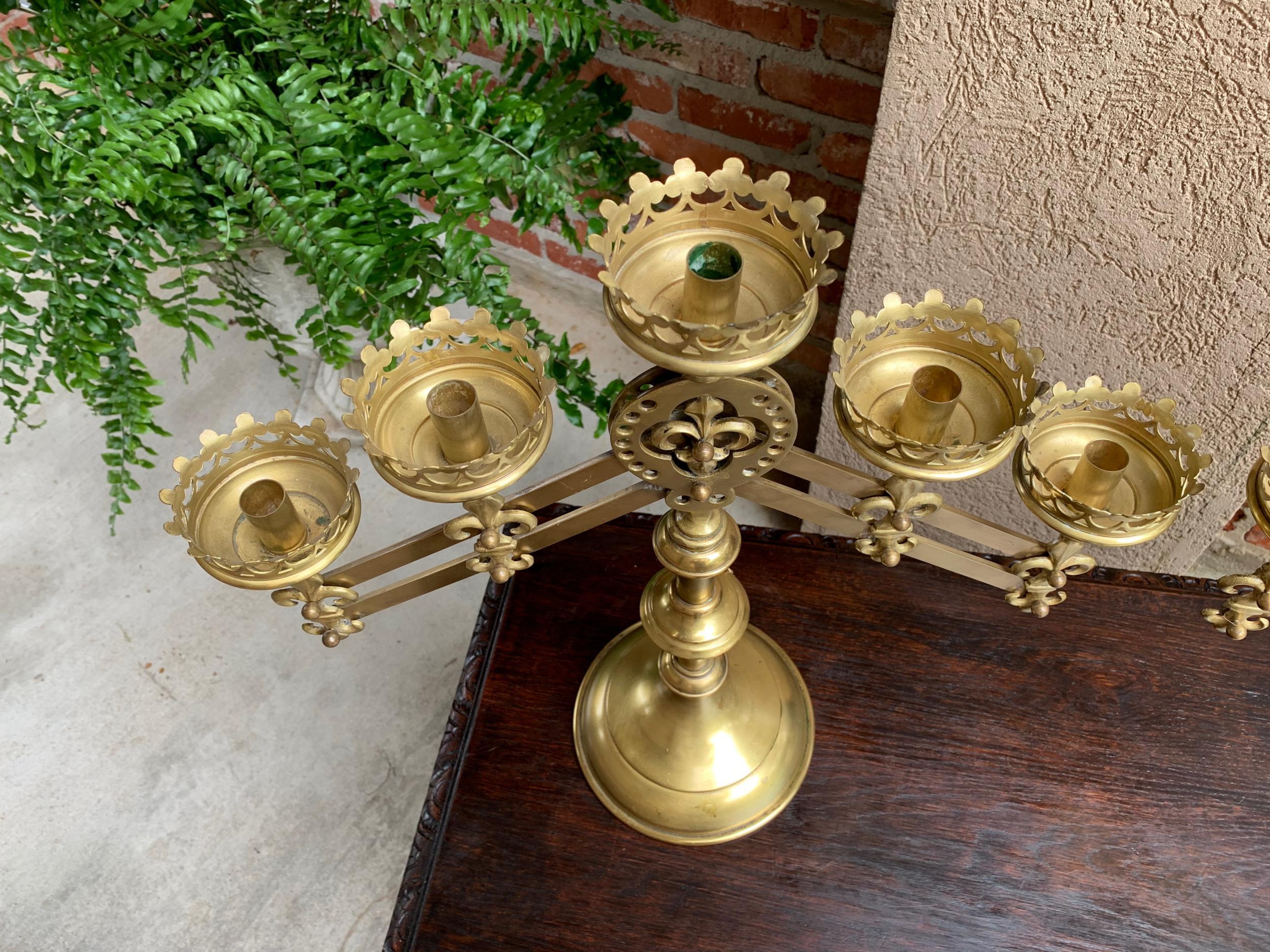 Pair Antique French Brass Altar Candelabra Adjustable Fleur de Lis Candlestick 12