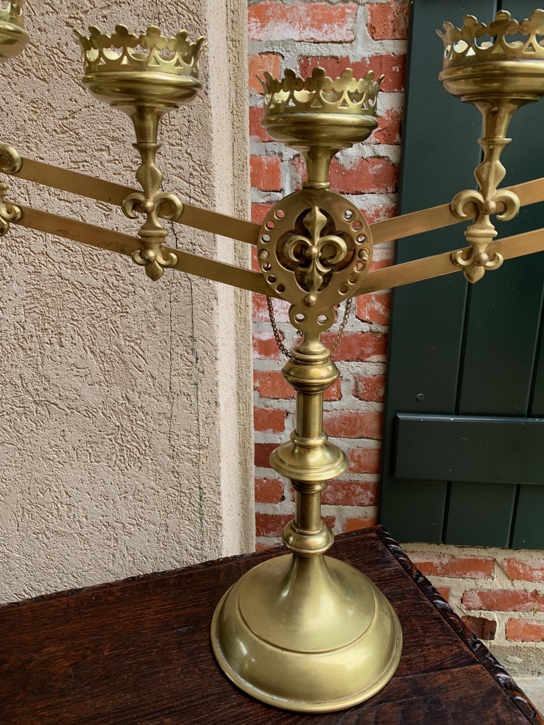 Early 20th Century Pair Antique French Brass Altar Candelabra Adjustable Fleur de Lis Candlestick