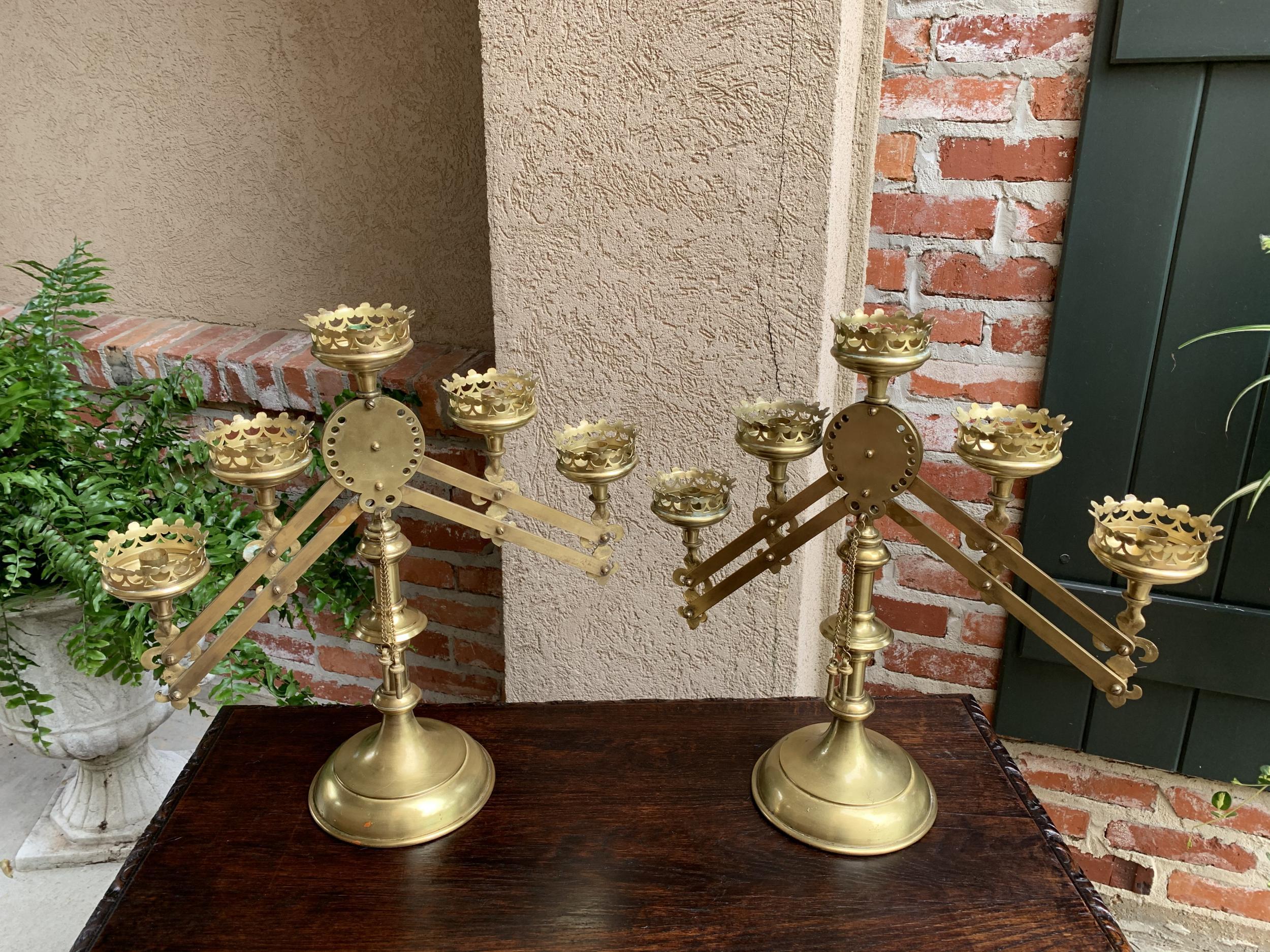 Pair Antique French Brass Altar Candelabra Adjustable Fleur de Lis Candlestick 1