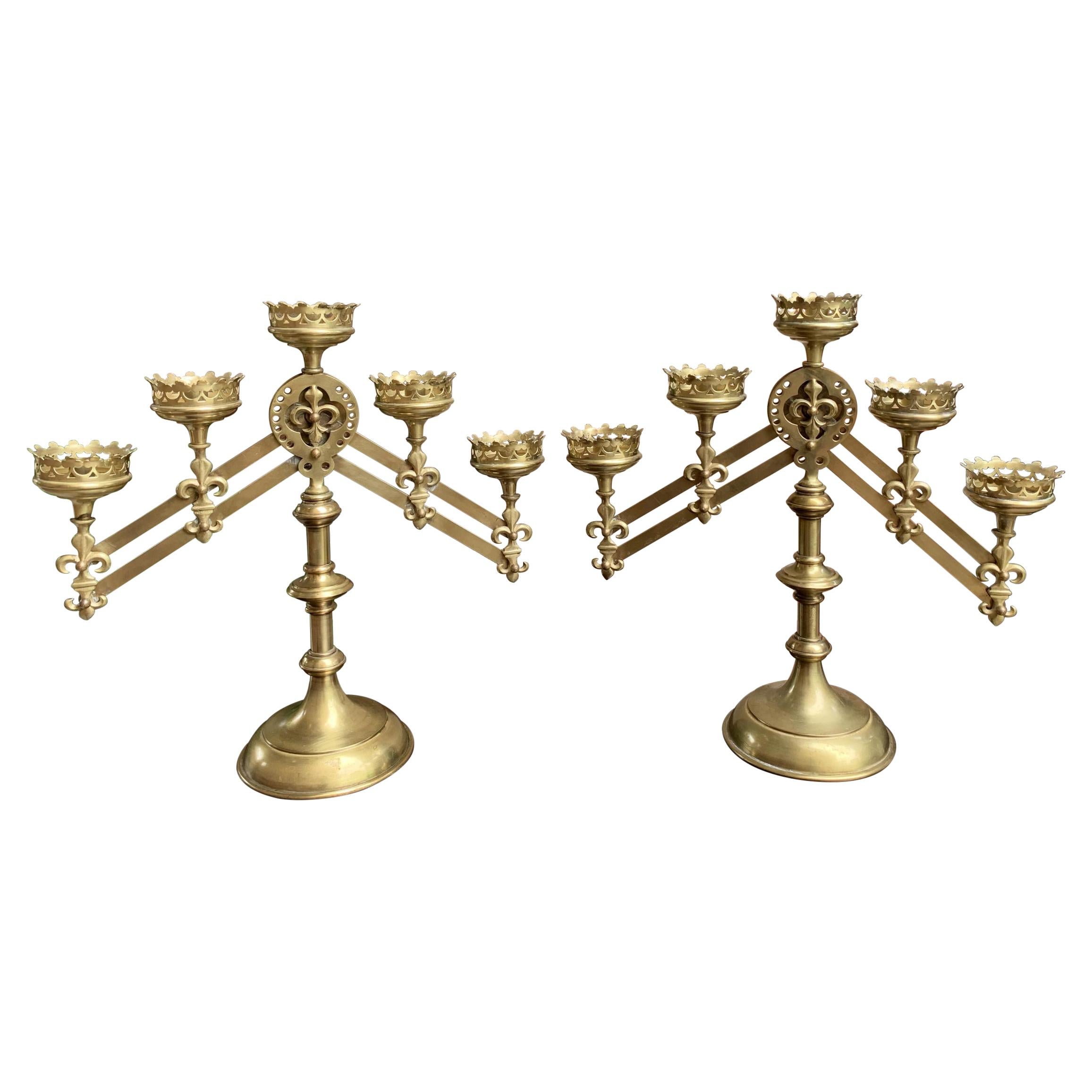 Pair Antique French Brass Altar Candelabra Adjustable Fleur de Lis Candlestick