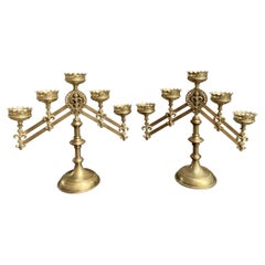 Pair Antique French Brass Altar Candelabra Adjustable Fleur de Lis Candlestick