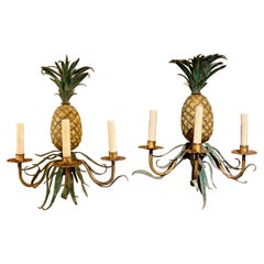 Pair Antique French Bronze and Tole Pineapple Sconces, Circa 1930's.