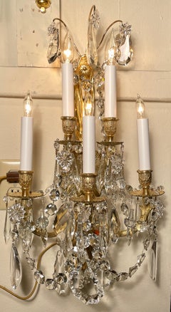Pair Antique French Bronze D' Ore and Crystal Wall Sconces, circa 1890s