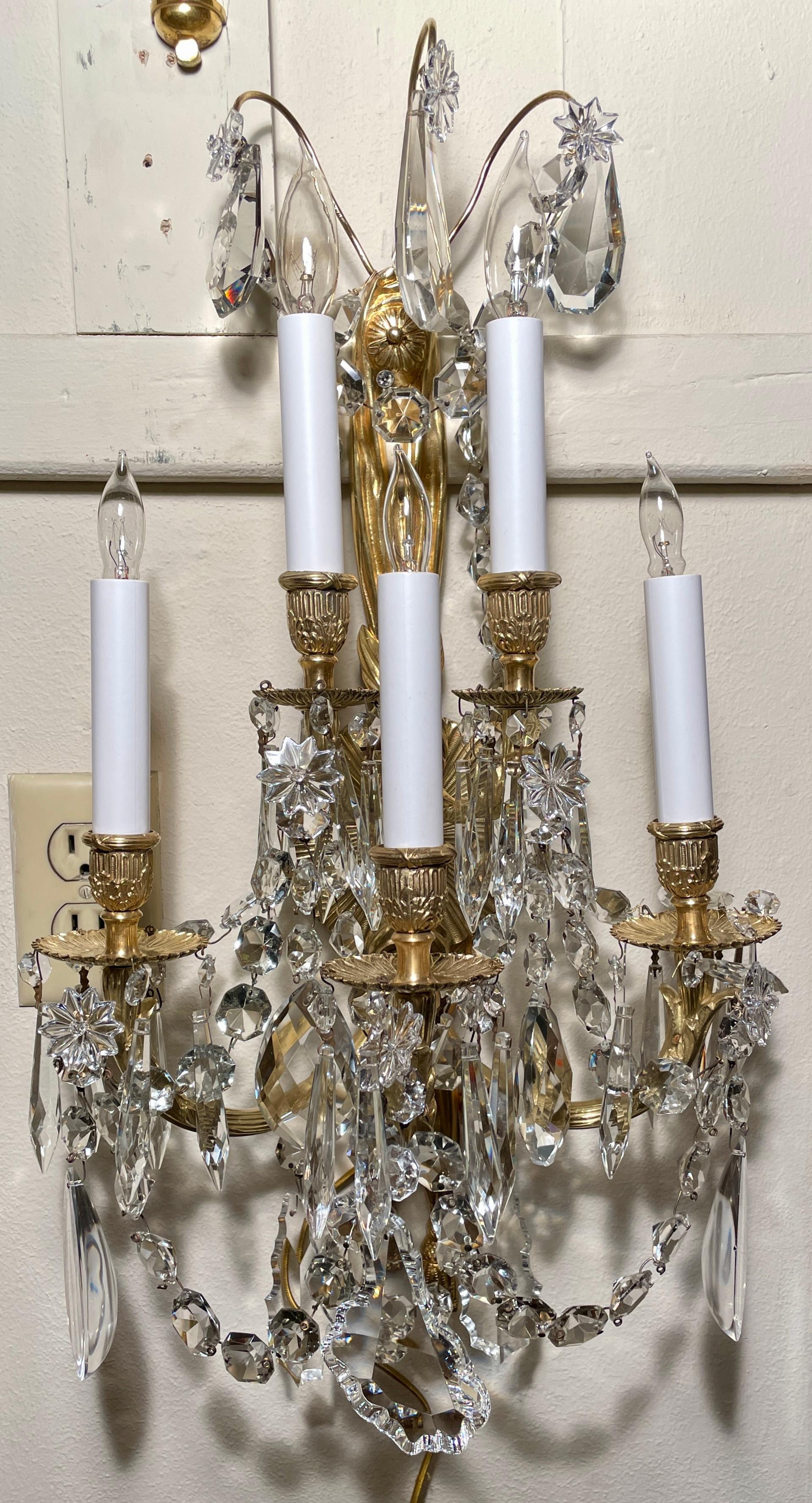 Pair Antique French Bronze D' Ore and Crystal Wall Sconces, circa 1890s In Good Condition For Sale In New Orleans, LA