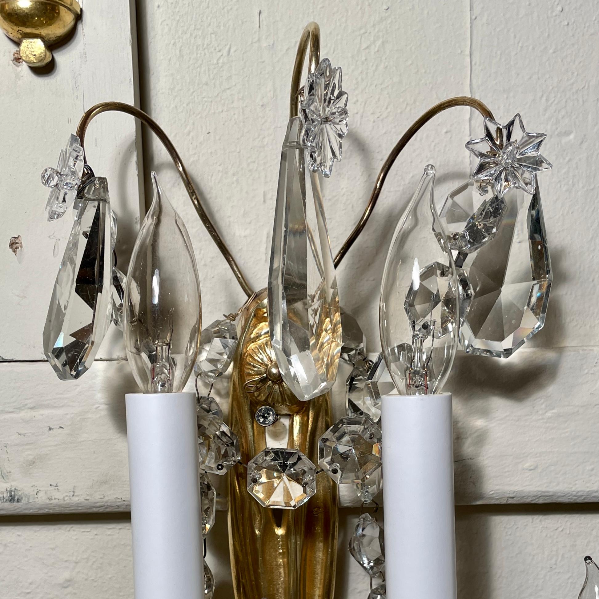 Pair Antique French Bronze D' Ore and Crystal Wall Sconces, circa 1890s For Sale 1