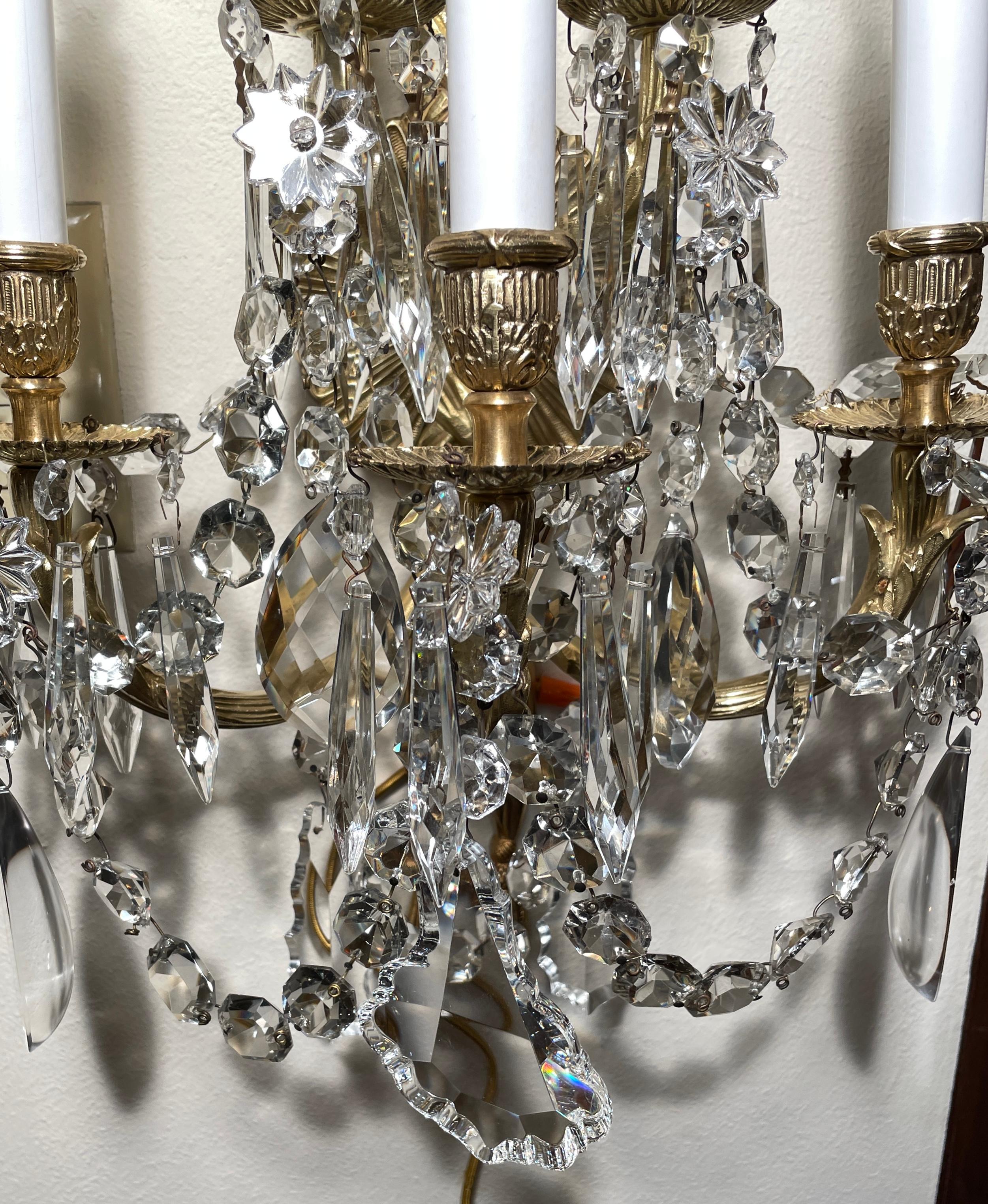 Pair Antique French Bronze D' Ore and Crystal Wall Sconces, circa 1890s For Sale 2