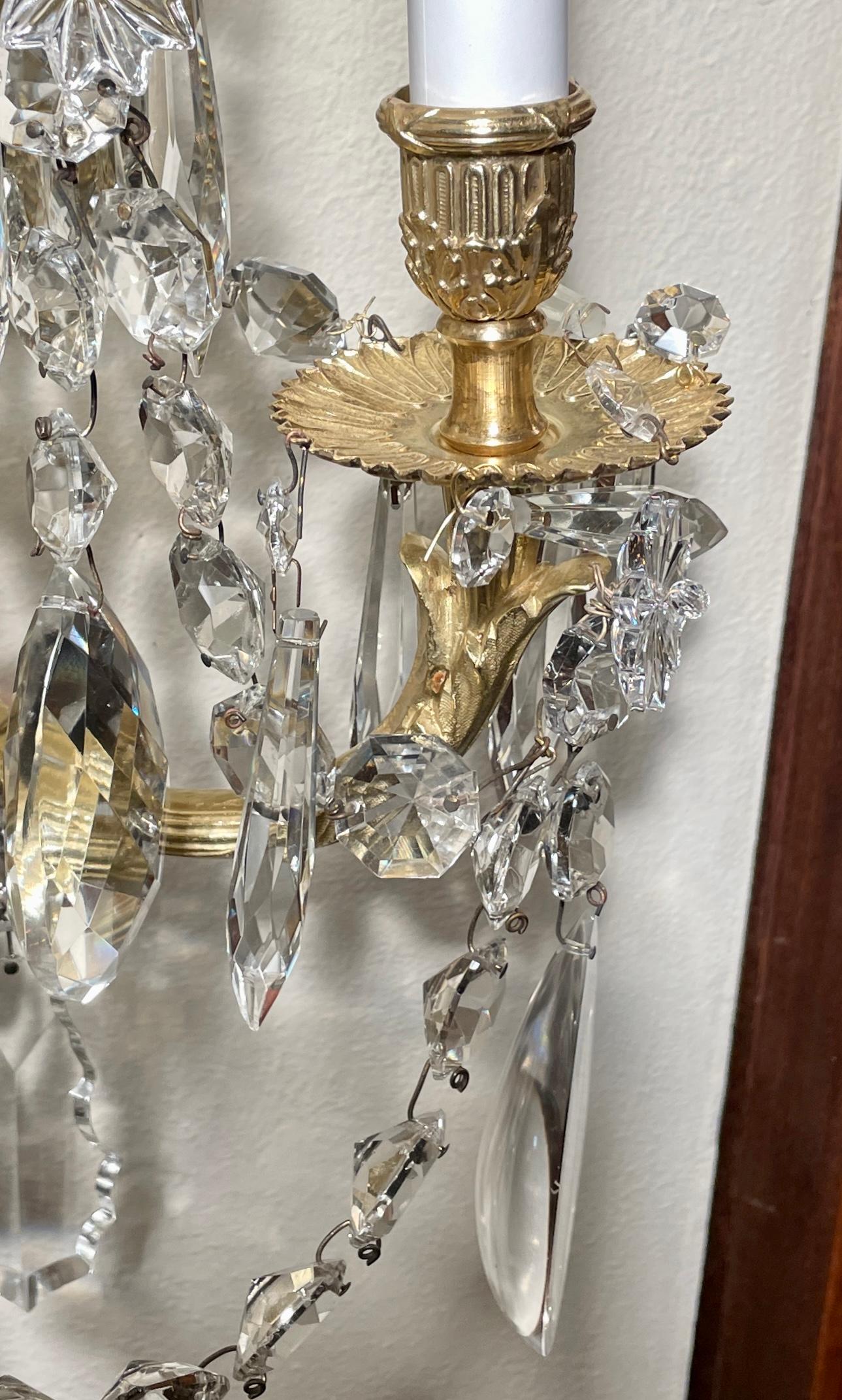 Pair Antique French Bronze D' Ore and Crystal Wall Sconces, circa 1890s For Sale 3