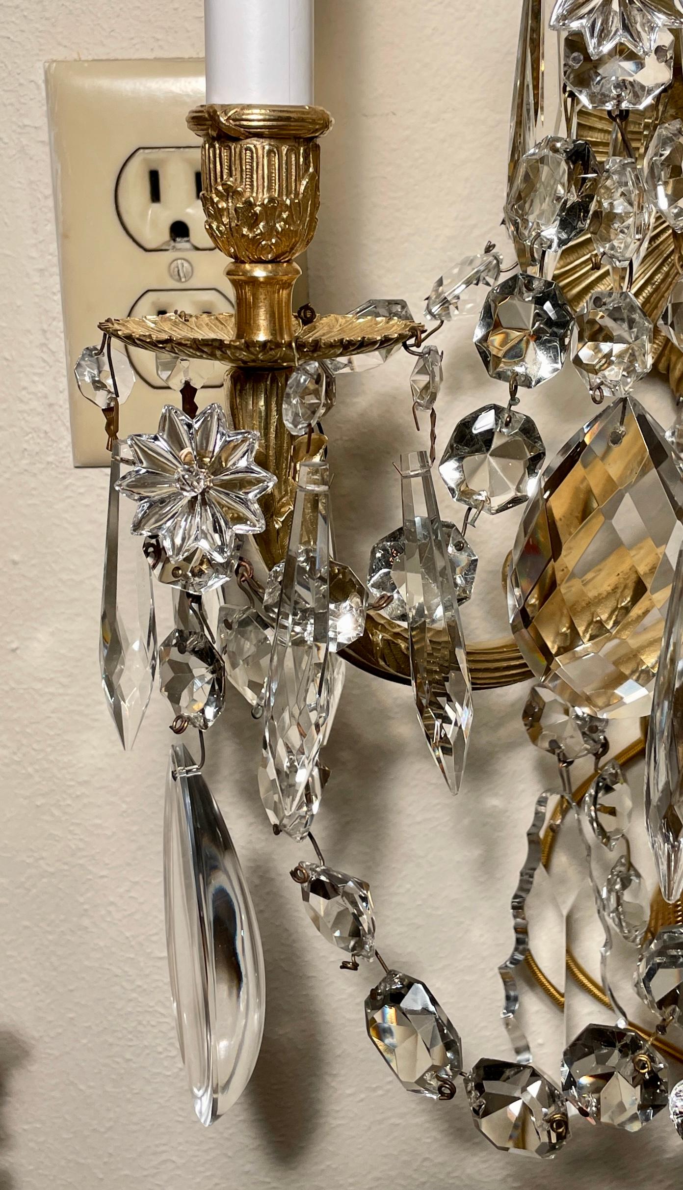 Pair Antique French Bronze D' Ore and Crystal Wall Sconces, circa 1890s For Sale 4