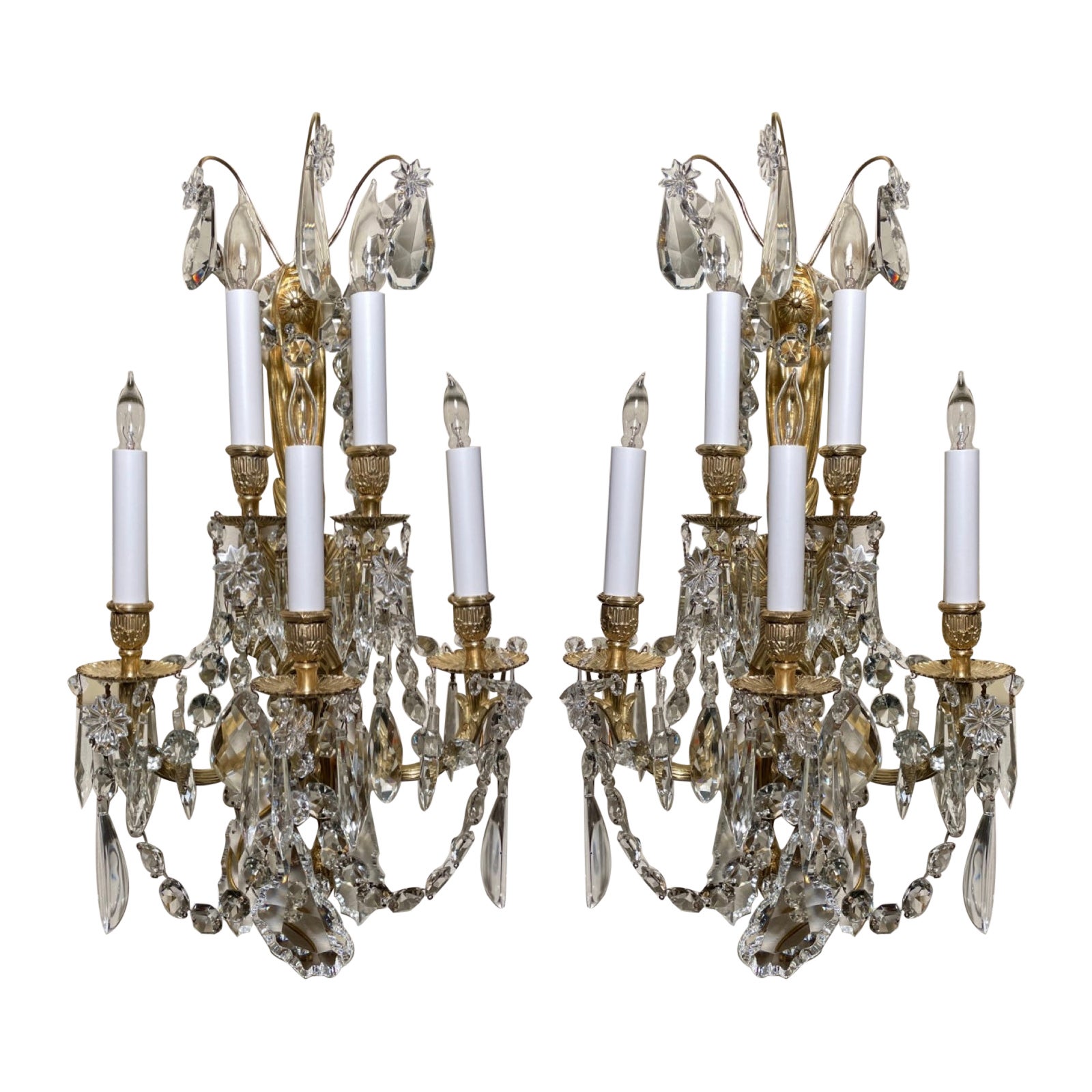 Pair Antique French Bronze D' Ore and Crystal Wall Sconces, circa 1890s