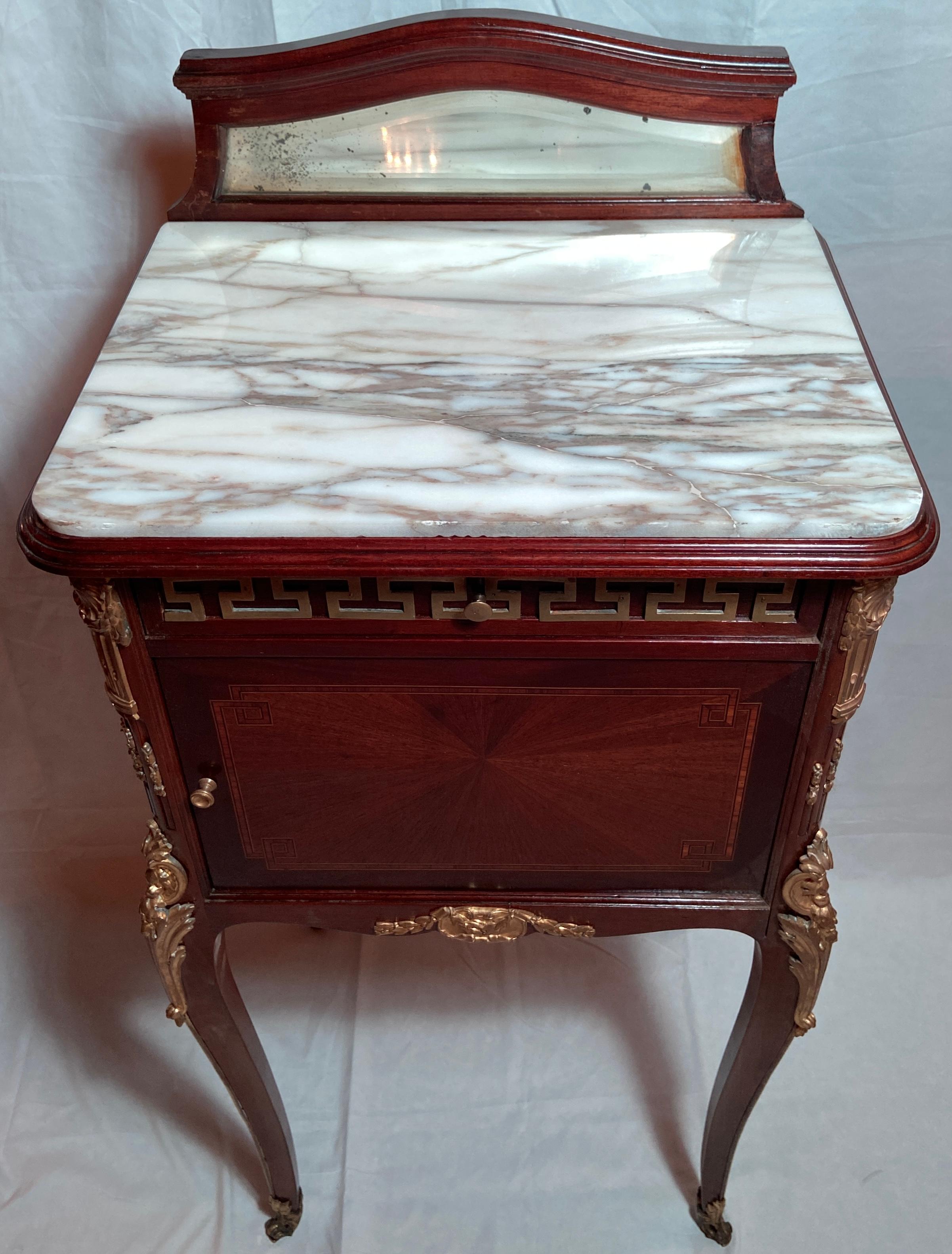 Pair Antique French Bronze D' Ore & Marble Top Mahogany Nightstand Tables C 1890 For Sale 4