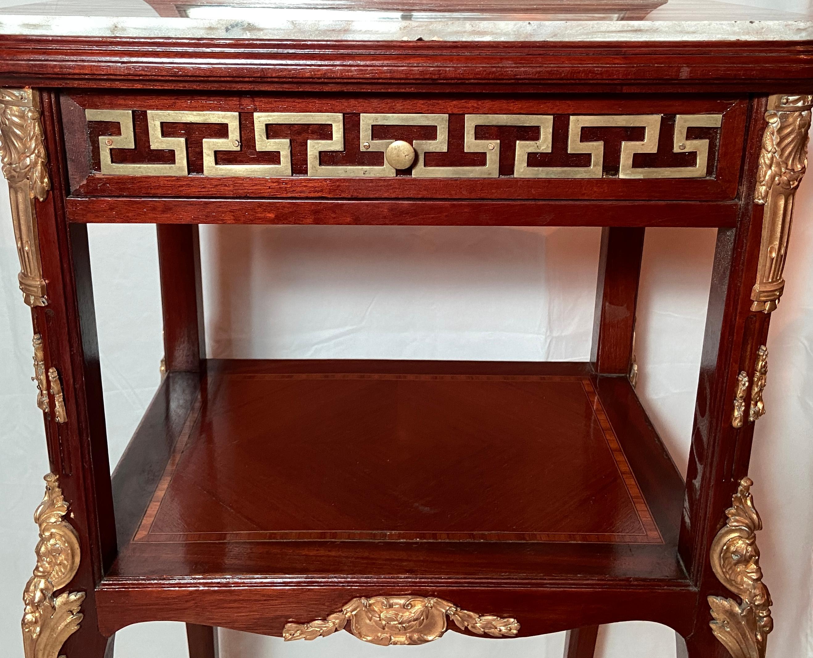 Pair Antique French Bronze D' Ore & Marble Top Mahogany Nightstand Tables C 1890 In Good Condition For Sale In New Orleans, LA