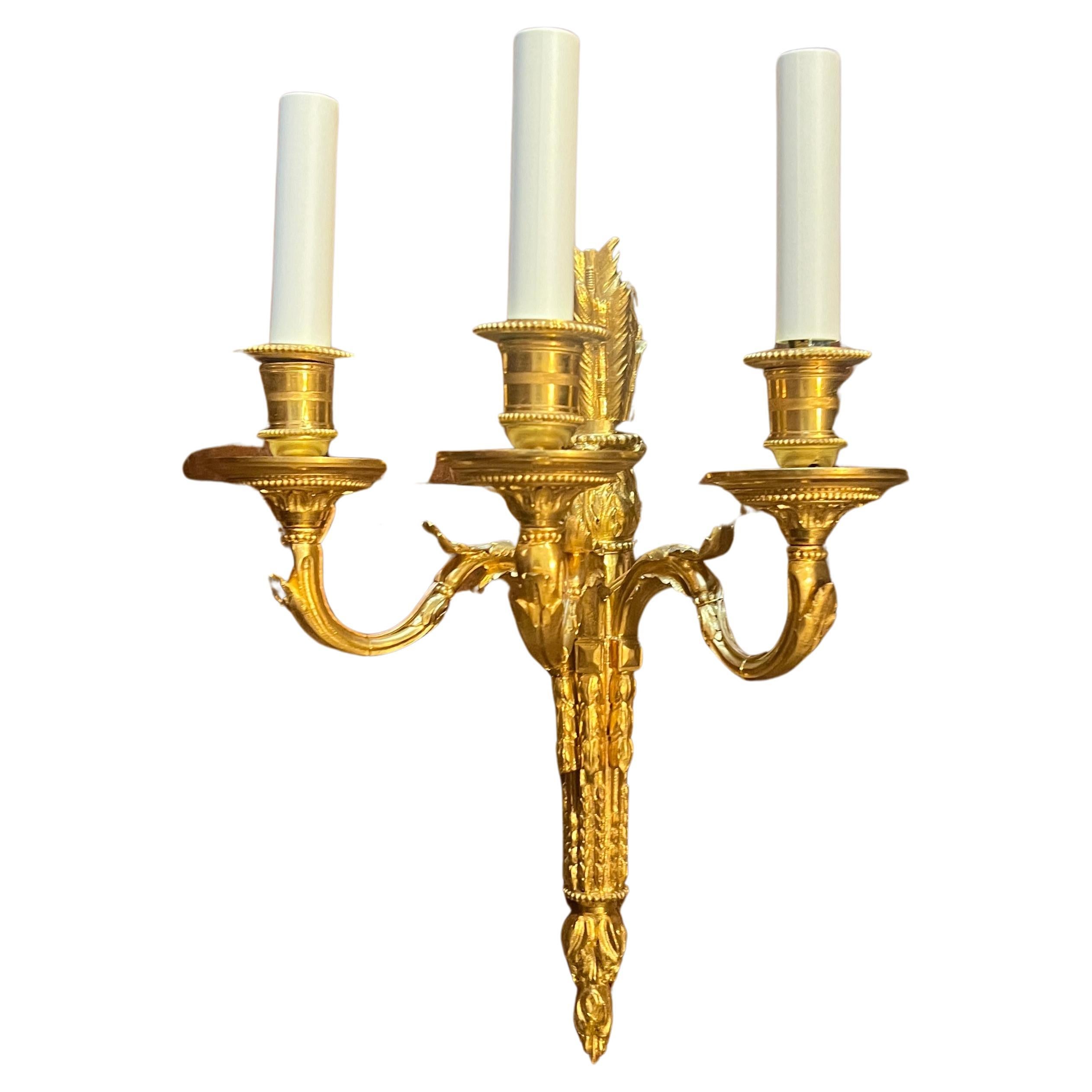 Pair Antique French Bronze D'Ore 3 Light Wall Sconces, Circa 1890-1900. In Good Condition For Sale In New Orleans, LA