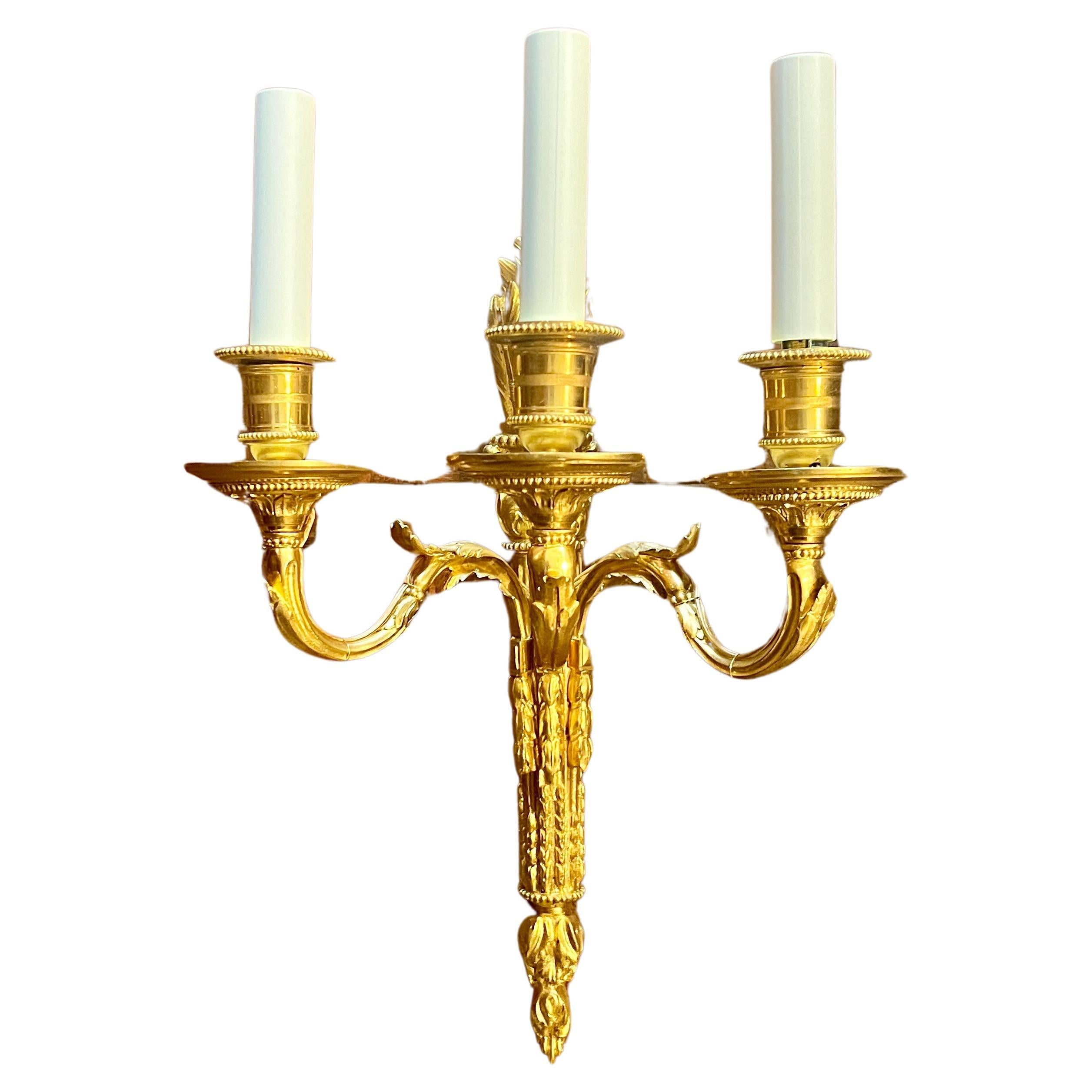 19th Century Pair Antique French Bronze D'Ore 3 Light Wall Sconces, Circa 1890-1900. For Sale