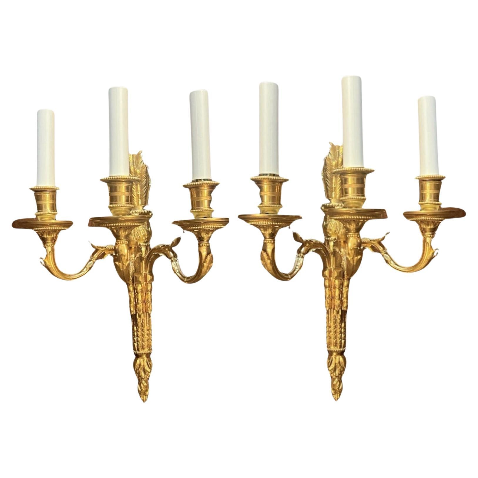 Pair Antique French Bronze D'Ore 3 Light Wall Sconces, Circa 1890-1900. For Sale
