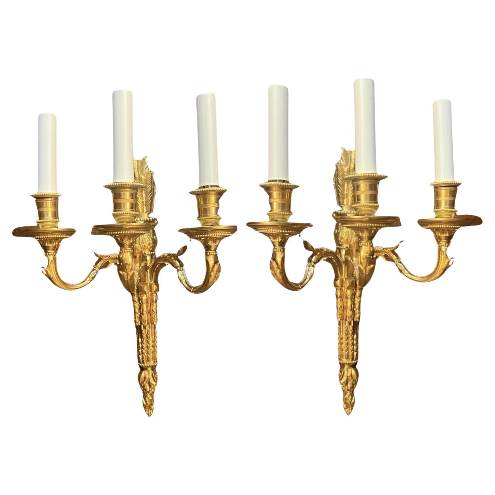 Pair Antique French Bronze D'Ore 3 Light Wall Sconces, Circa 1890-1900.