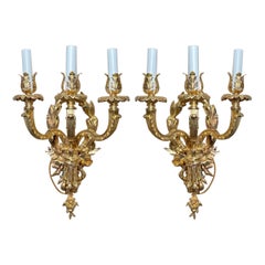 Pair Antique French Bronze D'ore 3 Light Wall Sconces, circa 1890s