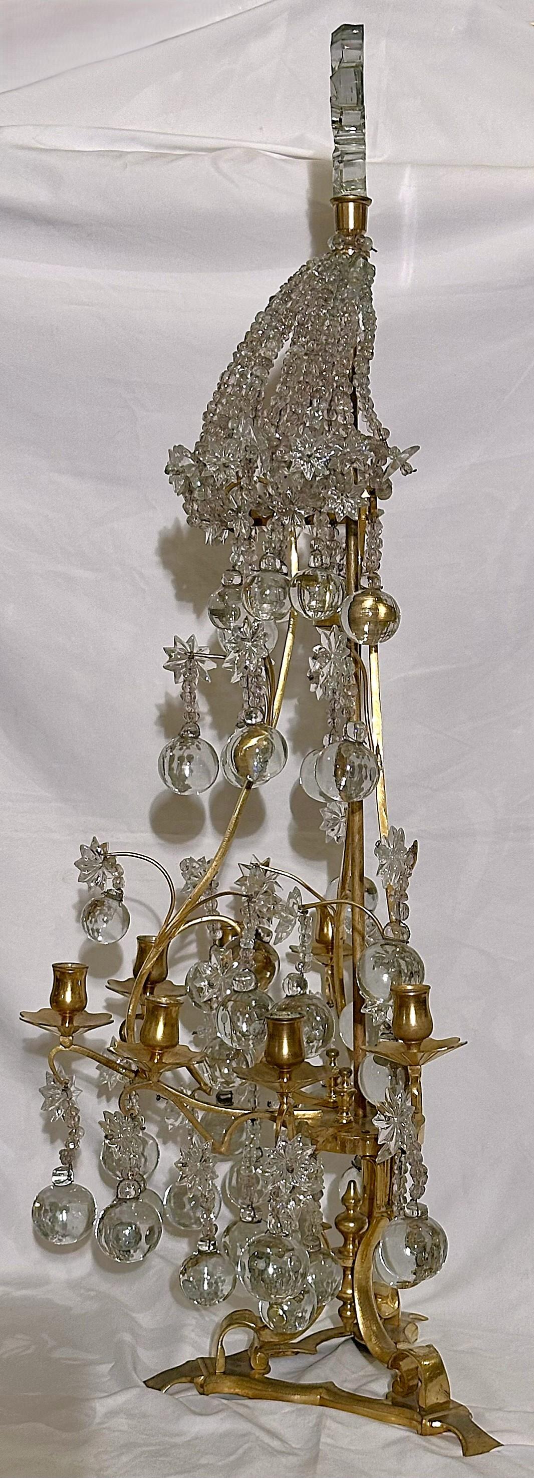 19th Century Pair Antique French Bronze D'Oré and Baccarat Crystal Girandoles, Circa 1890. For Sale