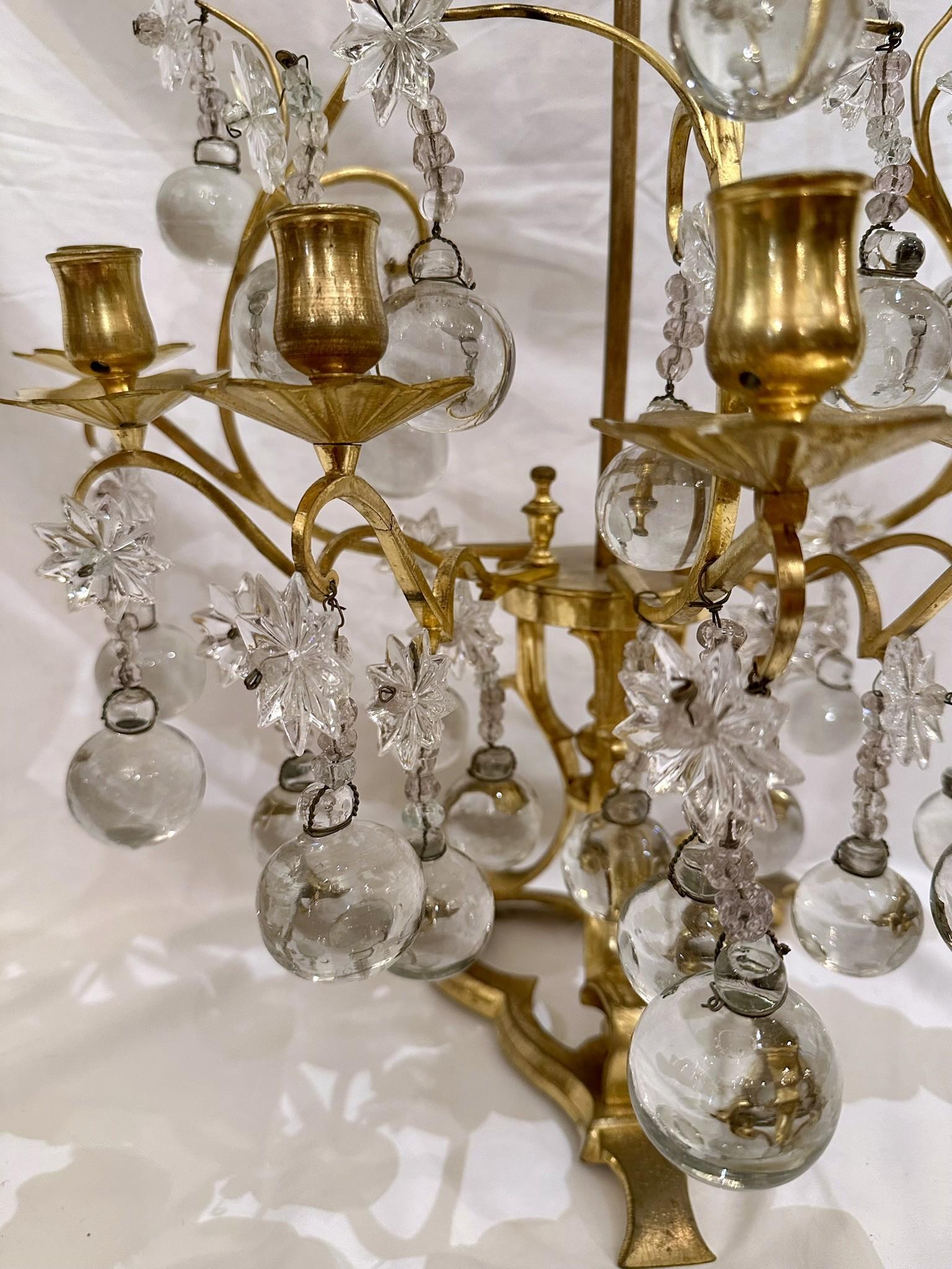 Pair Antique French Bronze D'Oré and Baccarat Crystal Girandoles, Circa 1890. For Sale 6