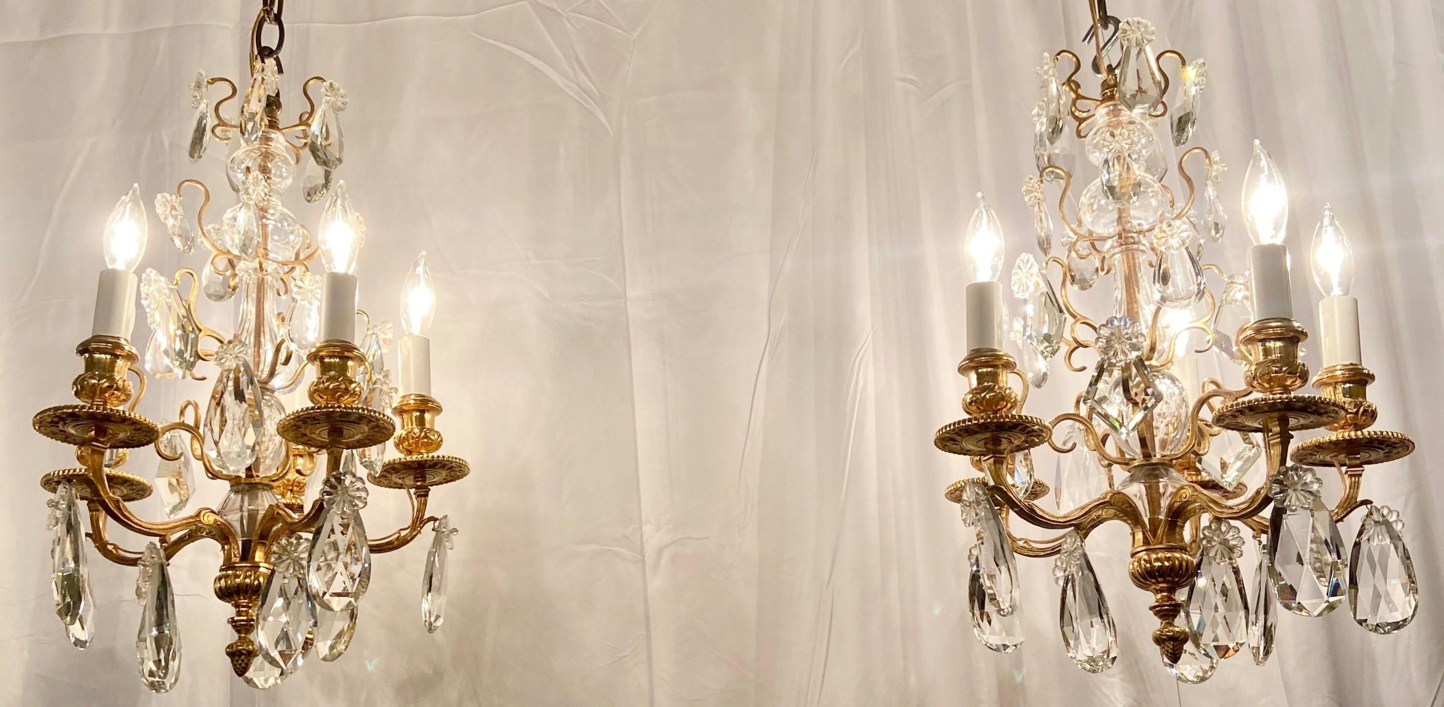 Small pair antique French bronze D'ore and crystal chandeliers, Circa 1890-1900.