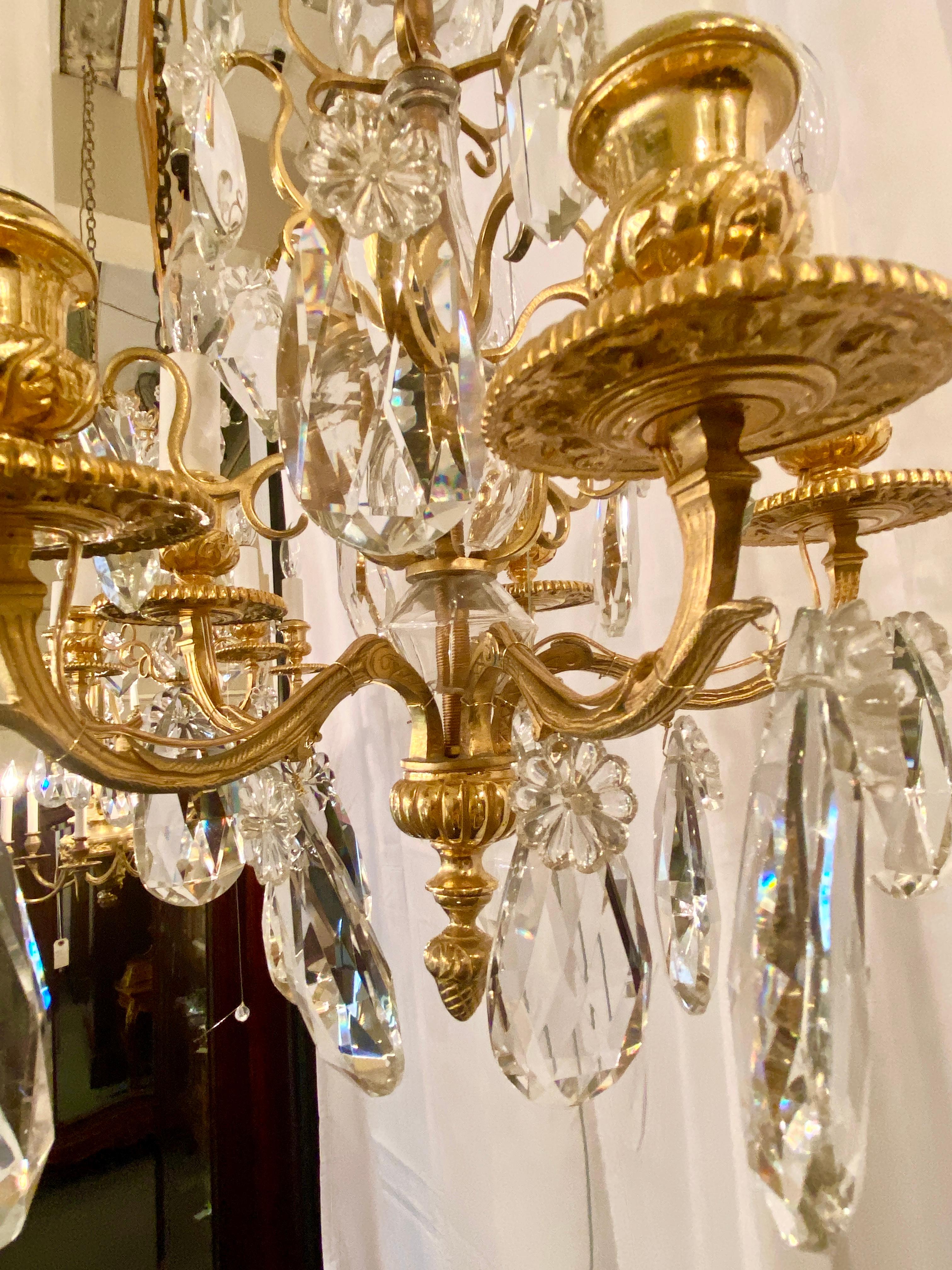 19th Century Pair Antique French Bronze D'ore and Crystal Chandeliers, Circa 1890-1900